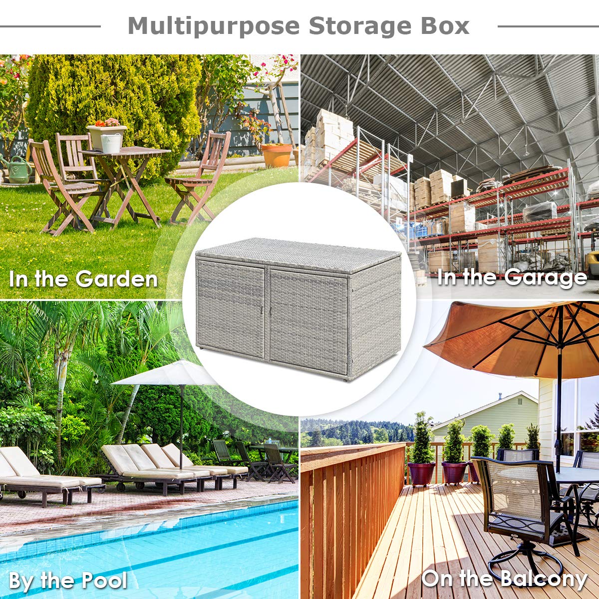 RELAX4LIFE PE Wicker Storage Box - Outdoor 88 Gallon 2-Tier Deck Box for Patio Furniture Toys Storage w/Lid & Front Doors, All Weather Rattan Storage Bin for Backyard Garden Poolside Porch (Grey)