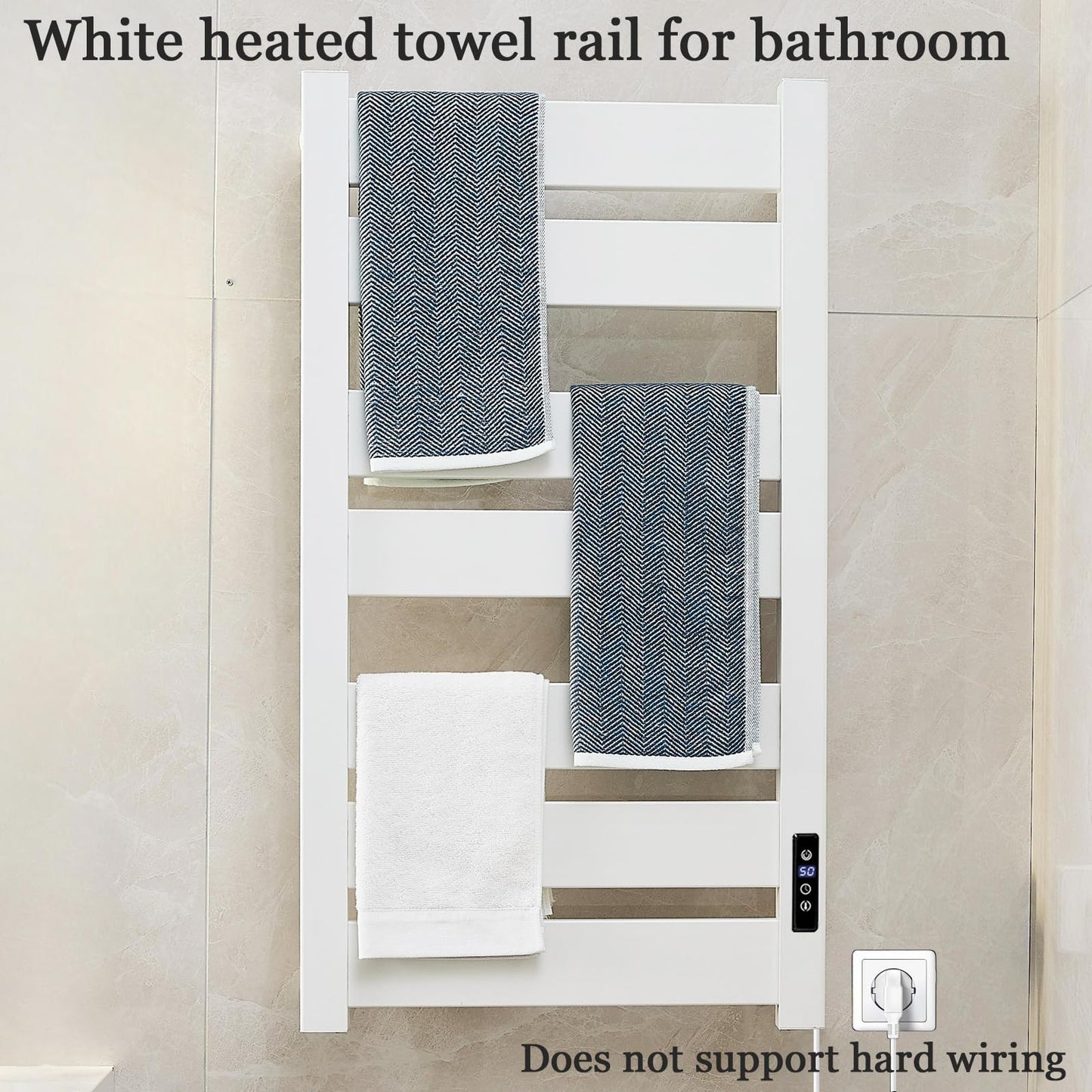Towel Warmer Rack, Heated Towel Rack for Bathroom, Wall-Mounted Plug (Not Hardwired), Aluminum alloy/7 large area heating rods, With Timer and Temperature Adjustment, Overheat Protection Function