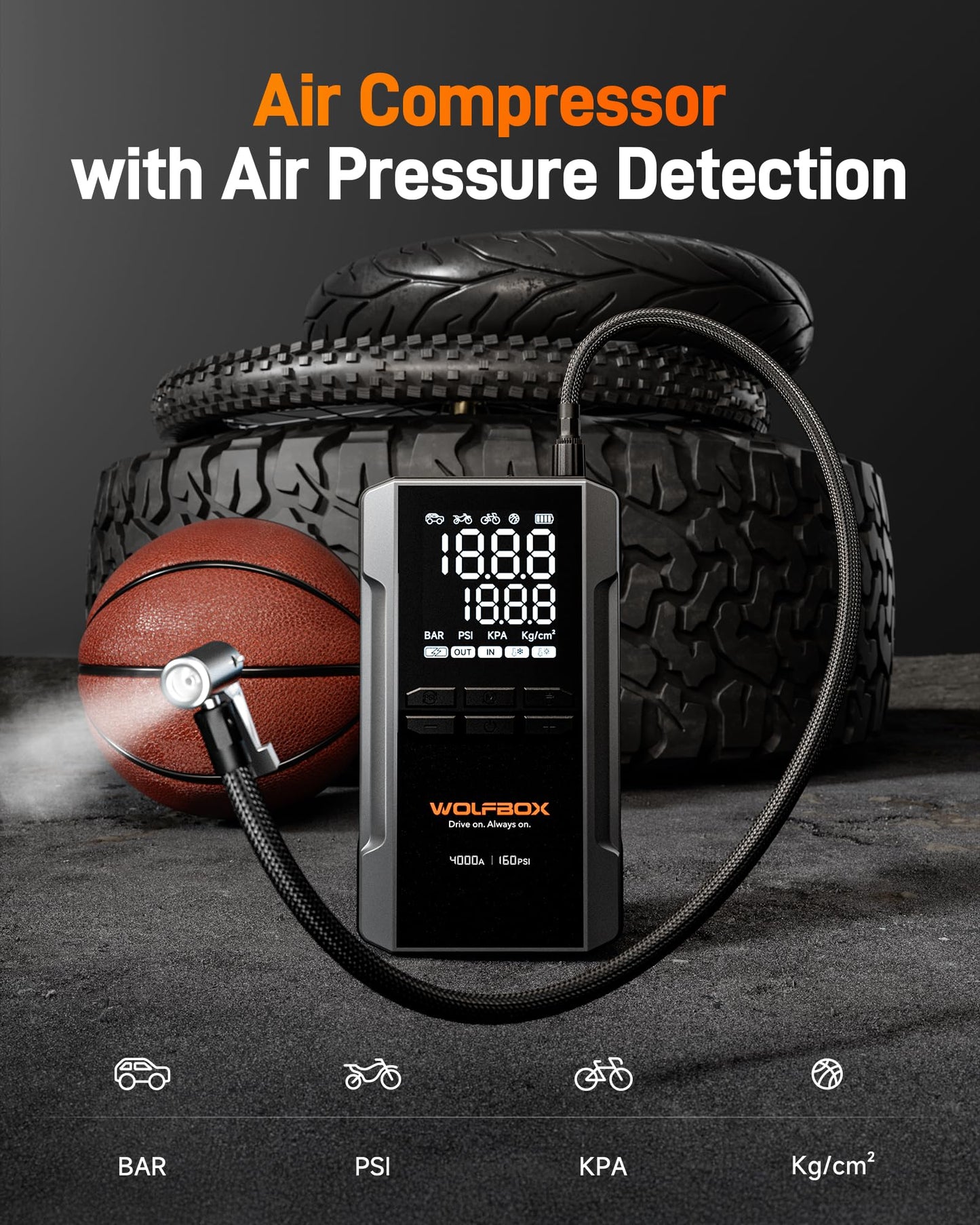 WOLFBOX 4000A Jump Starter with 160PSI Air Compressor, 12V Car Battery Booster, 65W Fast Charge, 88.8Wh Portable Tire Inflator, LED Display for 10L Gas & 10L Diesel Engines, LED Light, Jumper Cables