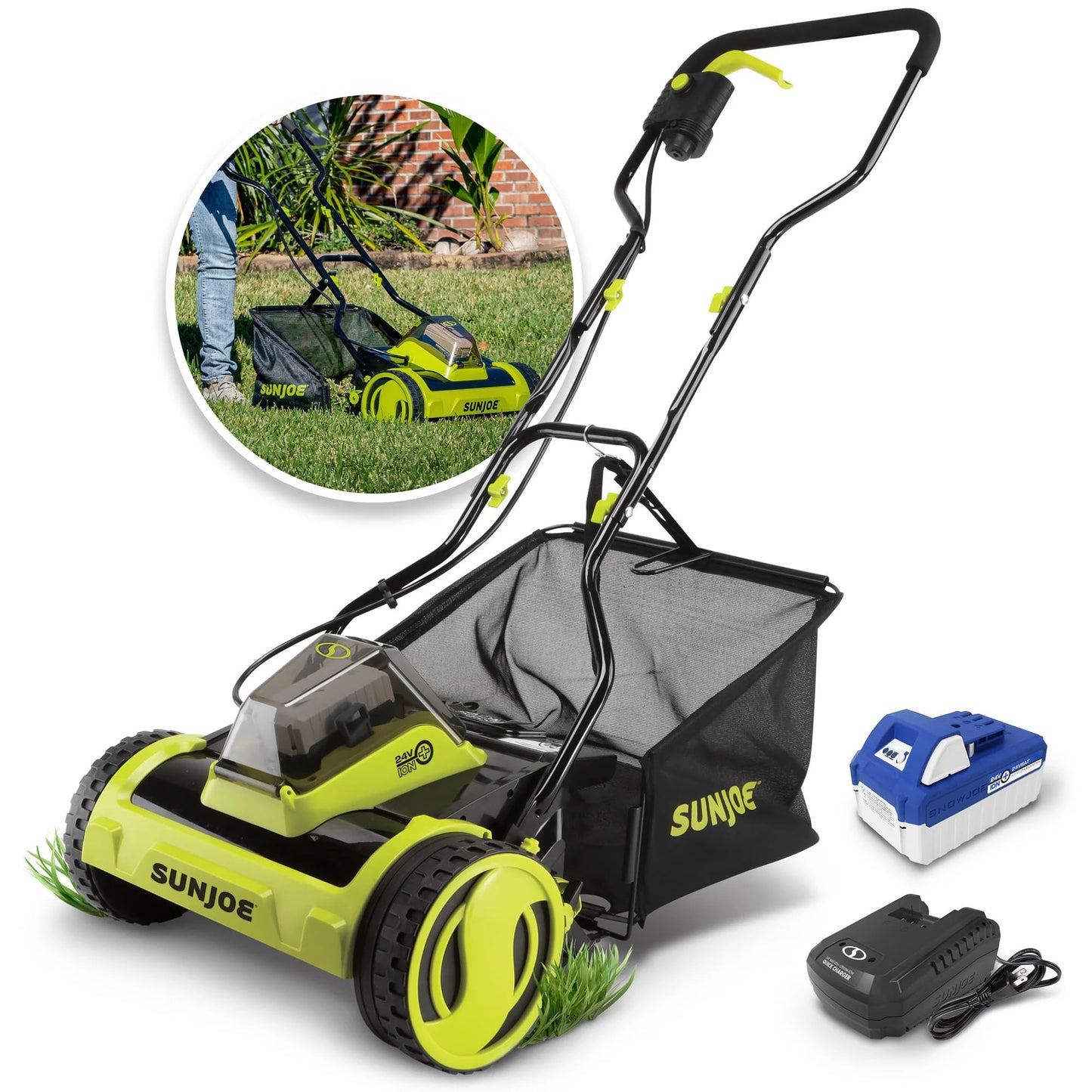 Sun Joe Cordless Electric Push Lawn Mower with 11.9-Gal Bag, 15-Inch Cutting Width, 360W Motor - Heavy-Duty Yard Trimmer for Gardening Care and Maintenance, IONMAX 24V-CRLM15