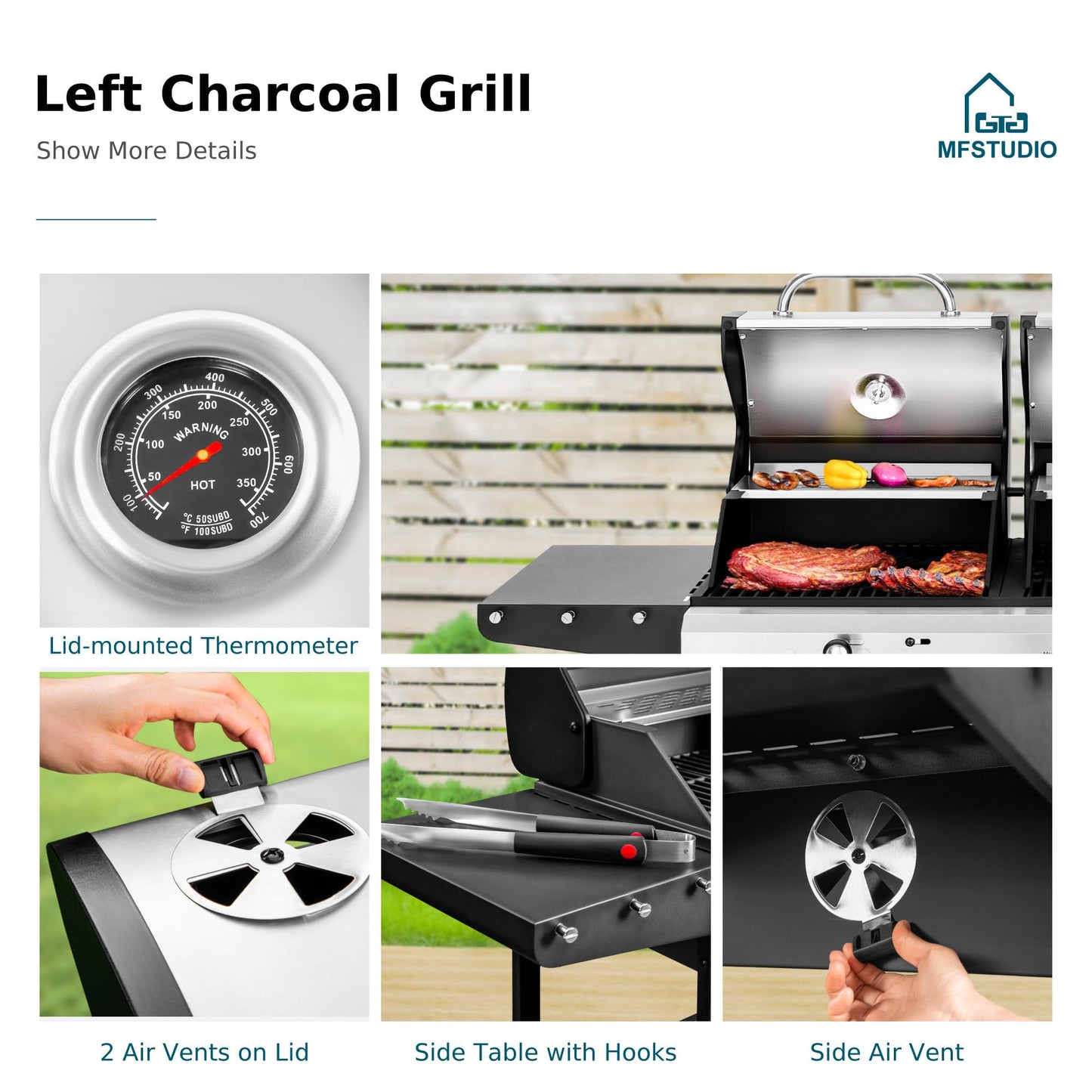 MFSTUDIO 3 In 1 Gas and Charcoal Grill Combo with Side Burner, Porcelain-Enameled Cast Iron Grate, Extra Large Dual-Function BBQ Propane Grills for Outdoor Barbecue Cooking, 690 SQIN Cooking Area