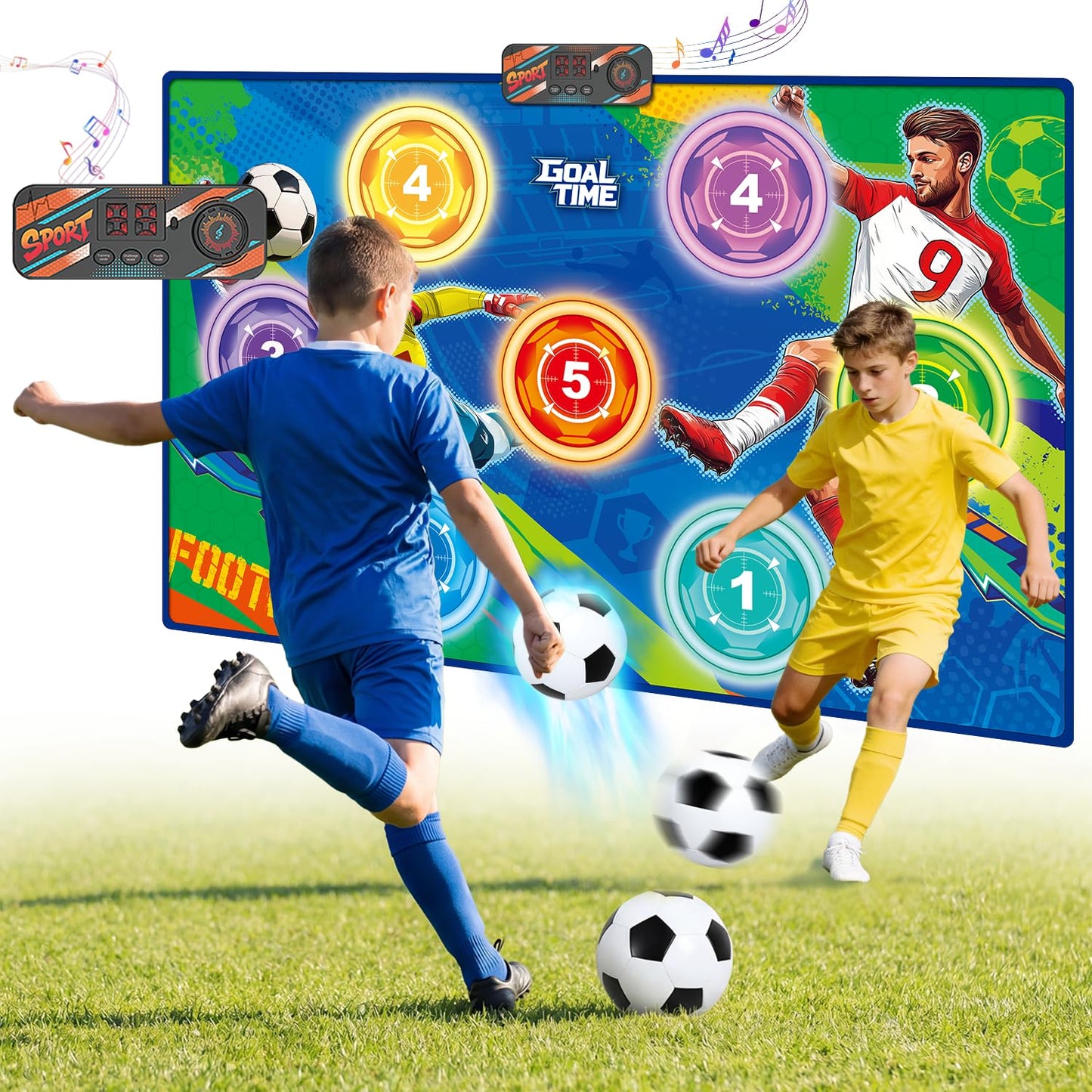 WUPIOS Electronic Scoring Soccer Toy Game Mat Set for Kids, Indoor Outdoor Toss Soccer Target Game with Real-Time Score, 2 Soft Soccer & Goal, Birthday Gifts for 3-5/6-8/8-12 Years Old Boys Girls