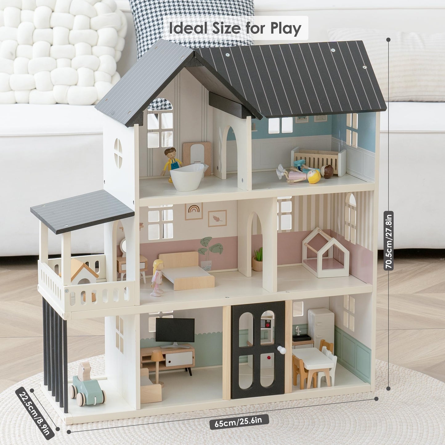 Wooden Dollhouse for Kids, 6-Room Modern Style Toy Doll House Playset with 26 Furniture & Functional Doors, 1:12 Scale Open Plan Dollhouse Designed for 4-6 Inch Dolls, STEM Creative Gift for Ages 3+
