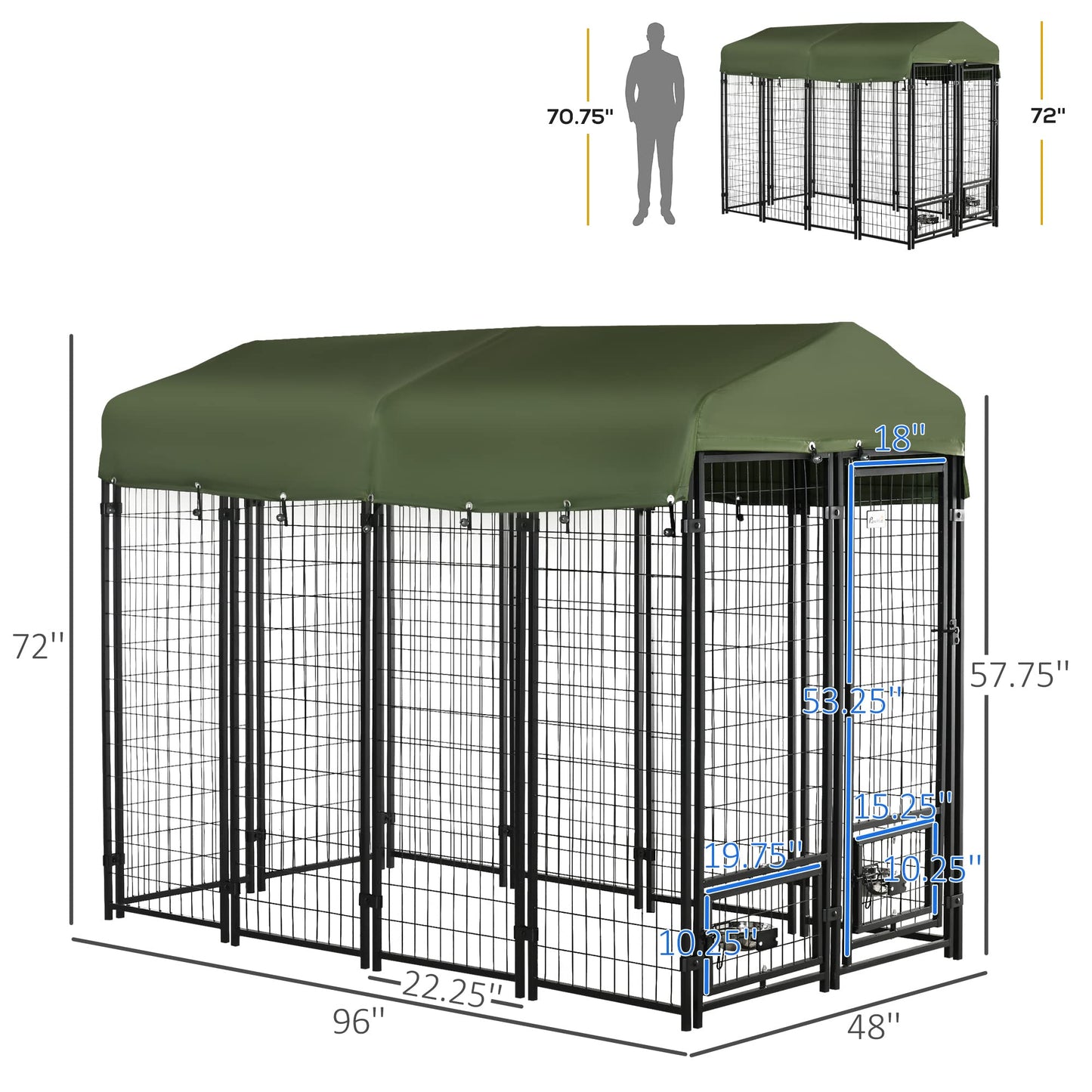 PawHut 8' x 4' x 6' Dog Kennel Outside, Welded Wire Outdoor Dog Kennel Run with 360° Rotating Bowls, Waterproof & UV Resistant Cover, for S&M&L Breeds, Chickens, Ducks, Green