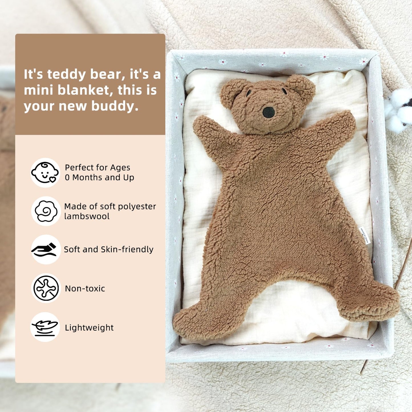 Lovey for Baby,Soft Baby Security Blanket,Snuggle Stuffed Animals Toy Baby Girl & Boy, Bear&Lamb Lovey Comforter Toy for Babies 0-12months,Baby Gifts for Infant and Toddler (Brown-Bear)