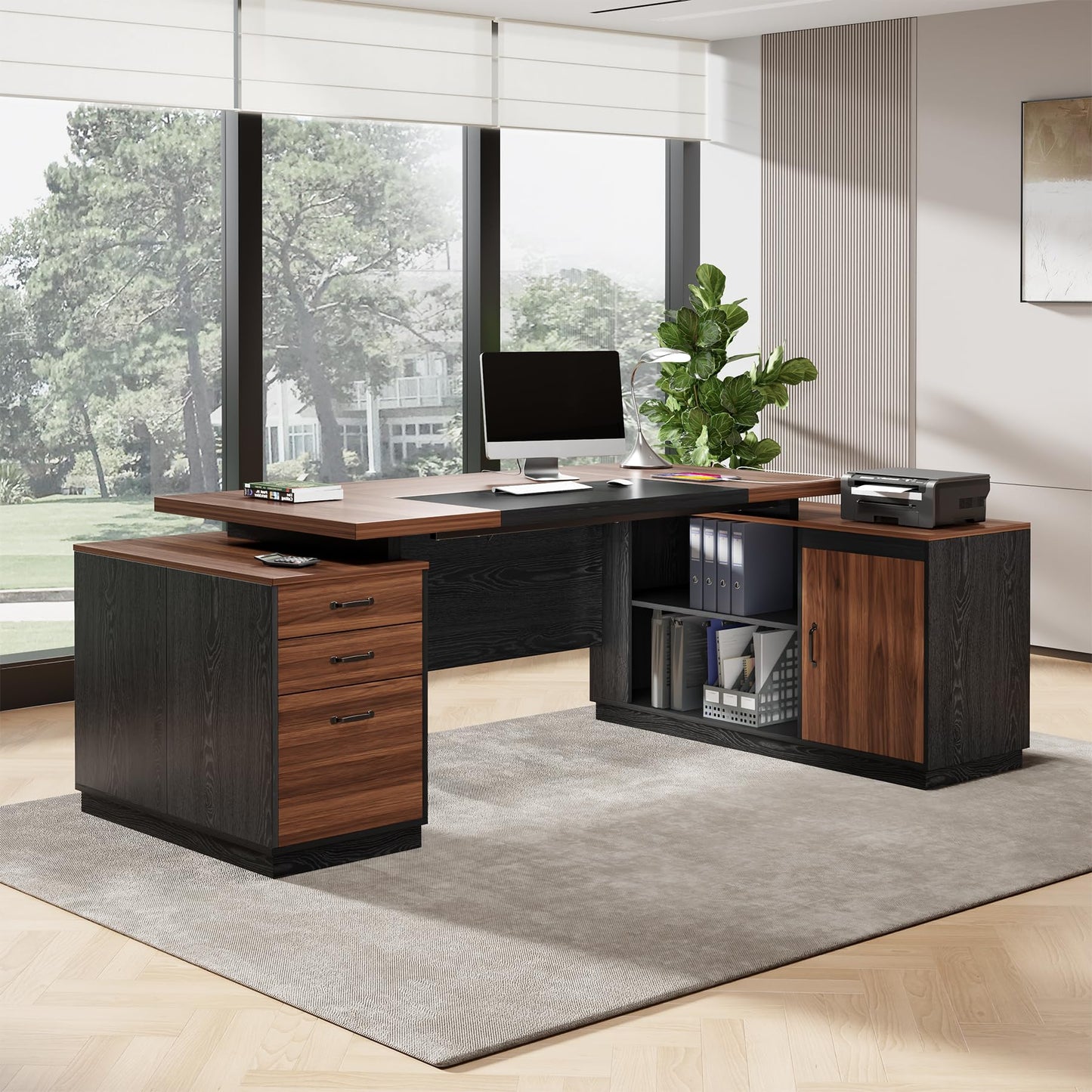 Epecoya L-Shaped Executive Desk with Drawers, 78-Inch Large Home Office Desk with Power Outlet and Lateral File Cabinet, Modern Computer Table with Open Shelf and Storage Cabinet for Home, Brown Black