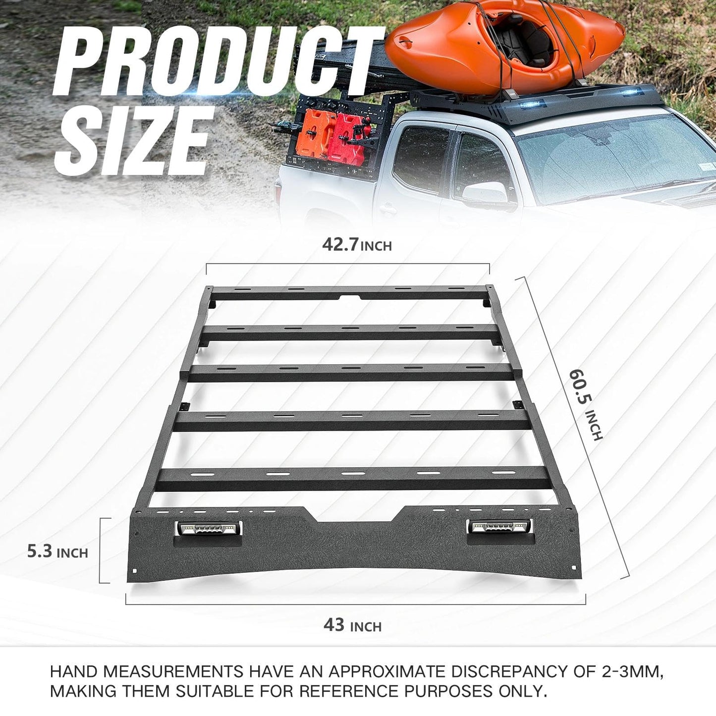 SUORTO Cargo Basket Top Roof Rack Compatible with 2005-2023 Tacoma Double Cab/Crew Cab (4 Full-Size Doors), Overland Truck Cargo Carrier Rooftop Luggage Storage Holder with LED Light Bar