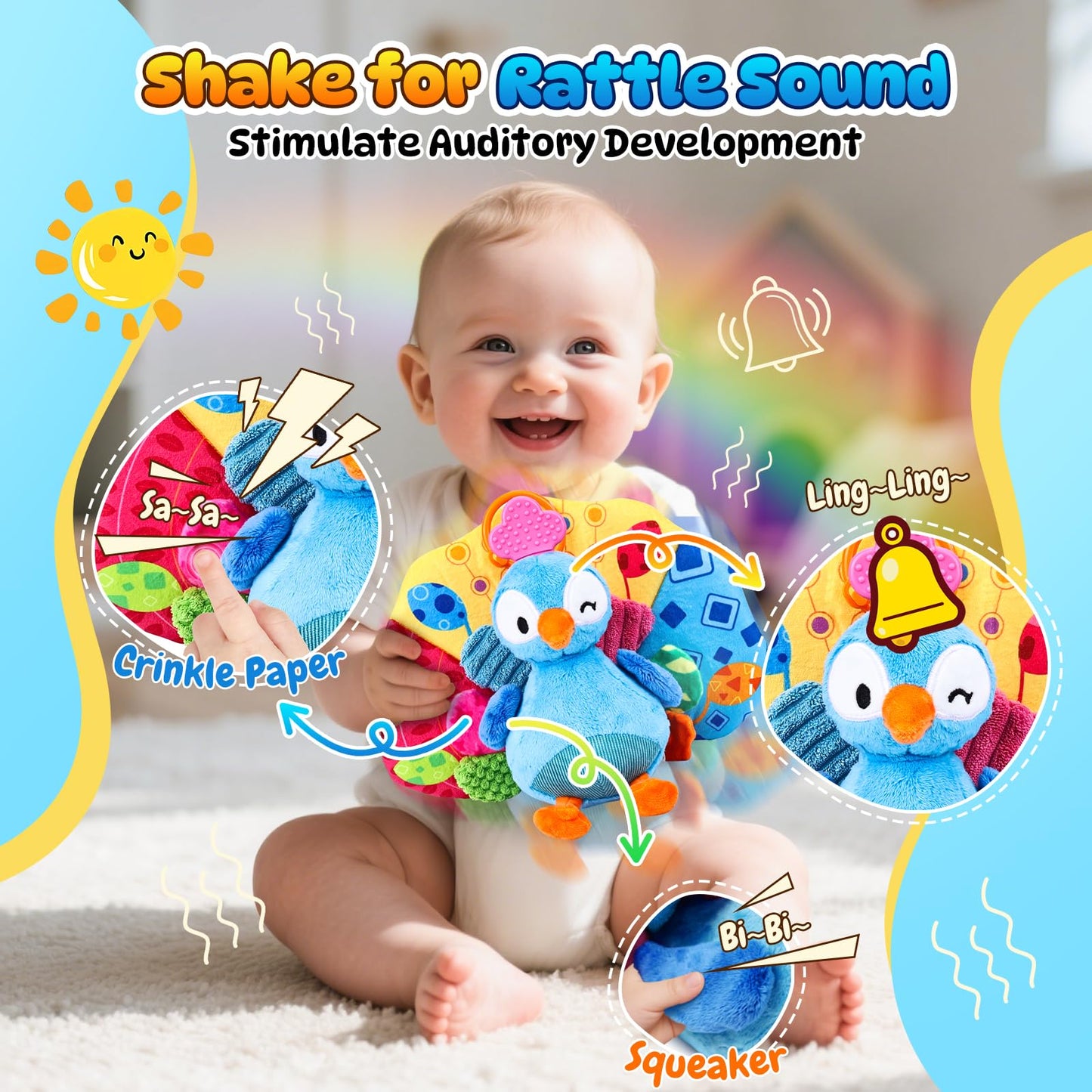 Baby Sensory Tummy Time Toys 0-3-6-12 Months, High Contrast Newborn Infant Peacock Toy, Washable Stuffed Animal Toy with Mirror Crinkle Rattle Teether,Baby Boy Girl Shower Gifts Easter Basket Stuffers