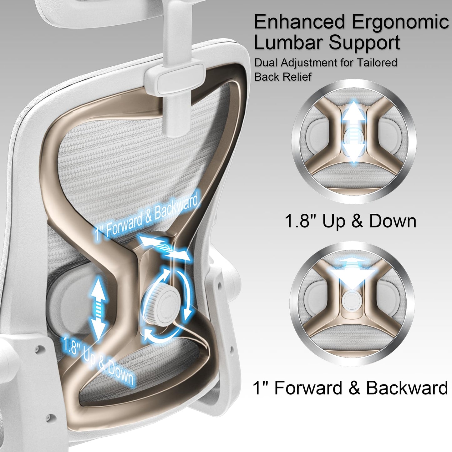 Ergonomic Office Chair for Back & Neck Pain Relief, Virgin Foam Seat, 2D Adjustable Lumbar & 3D Headrest, Tilt & Rock for Relaxation, Ideal for Long Sitting Comfort, White/Gold
