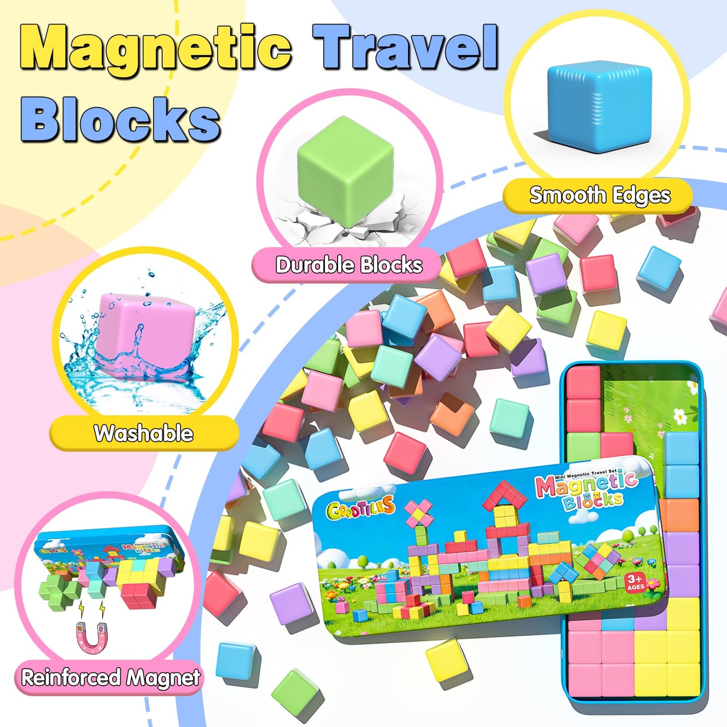 Goodtiles Mini Magnetic Blocks, Travel Outdoor Toys for Kids Ages 3-5 4-8, Magnet Cubes with Iron Box, STEM Montessori Sensory Building Toys, Ideal Gifts for Toddlers Boys Girls Birthday