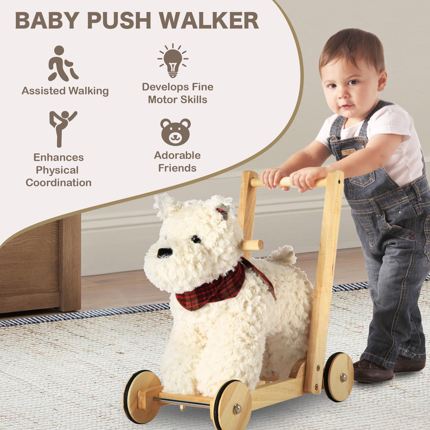 Rock My Baby Wooden Baby Walker, Baby Push Walker with Wheels for 12M+, Toddler Learning to Walk Toy with Sweet Music ＆ Animal Seat 2 in 1 Sit-to-Stand Walker Toy Gift for Boy Girl (Scottie Dog)