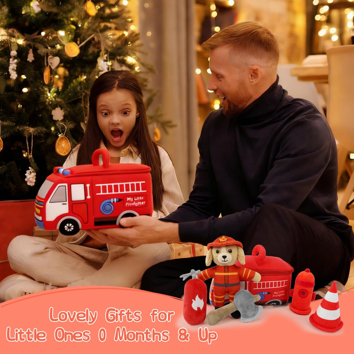 JUSTQUNSEEN Stuffed Plush Firefighter Kit for Baby Toddler, 6-Pcs My Little Playset, Sensory Pretend Play Toy with Fire Truck/Dog Firefighter/Extinguisher, Boy Girl Infant Gifts