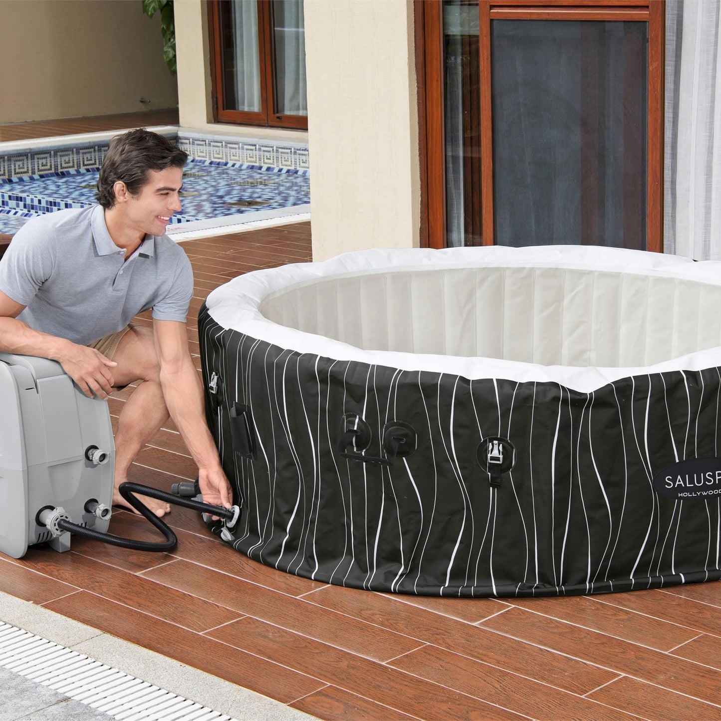 Bestway SaluSpa Hollywood EnergySense Luxe AirJet Round Inflatable 4 to 6 Adult Hot Tub with Heater, Filter, 2 Covers, and 140 AirJet System