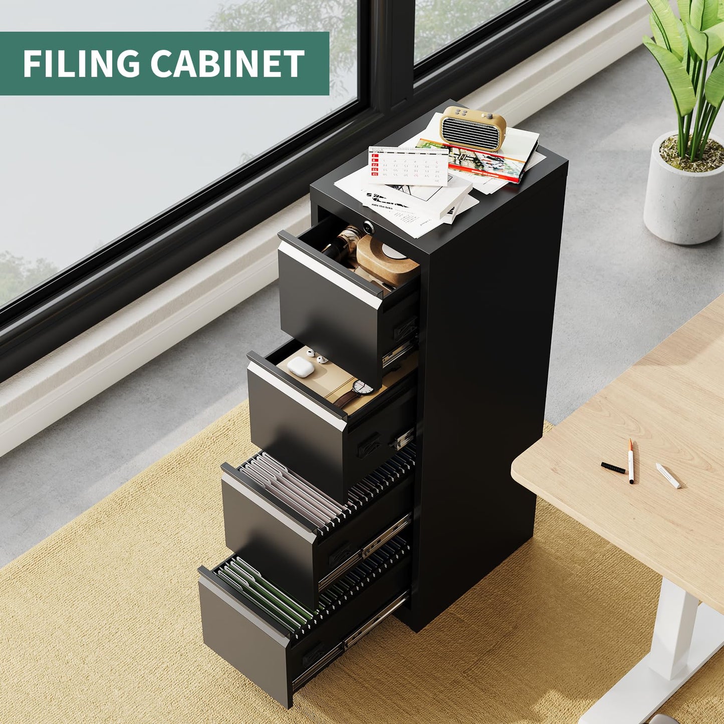 BouPower 4 Drawer File Cabinet with Lock, Metal Filing Cabinets, Vertical Small Filing Cabinet Steel Lockable Storage Cabinets for Home Office, Legal/Letter Size File