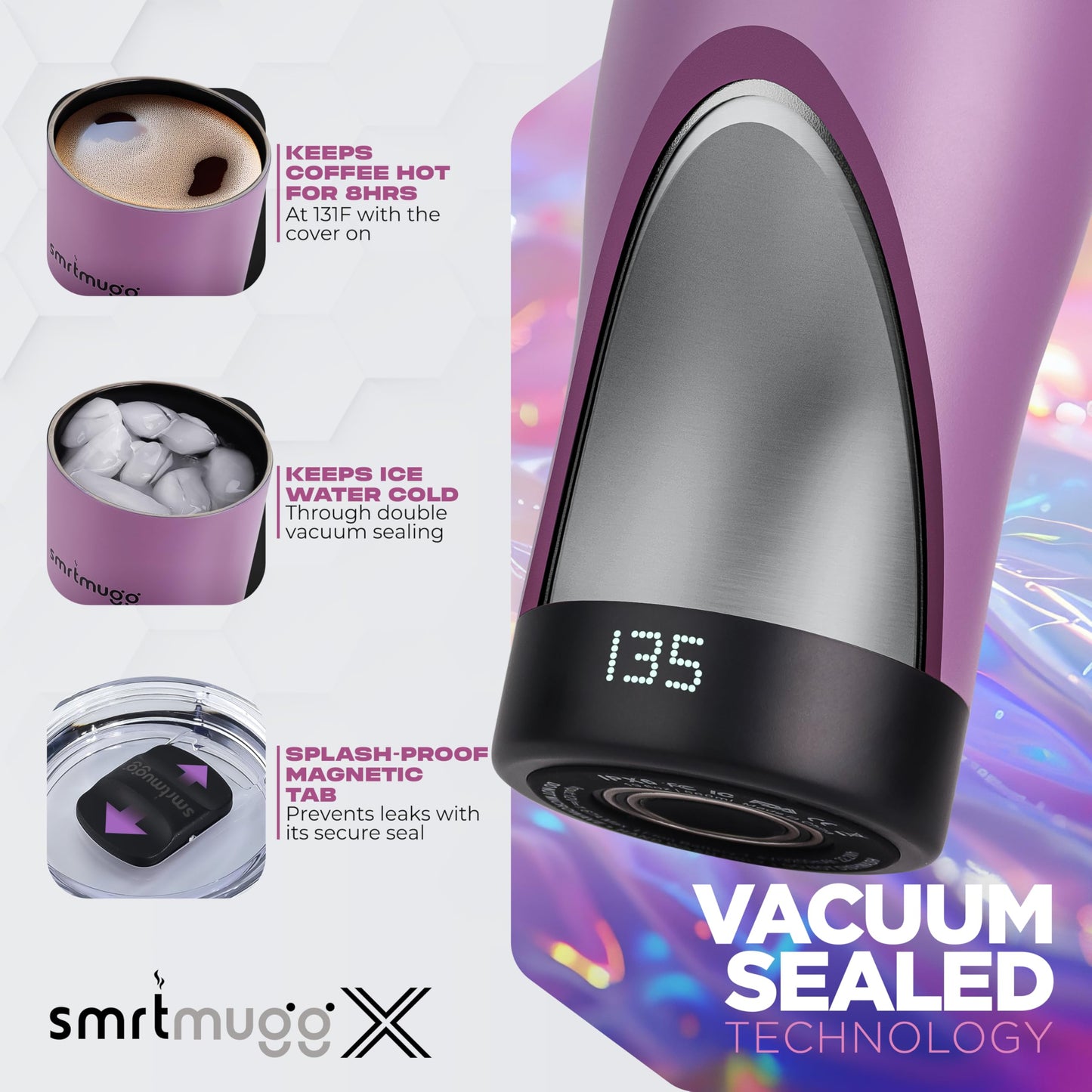 SmrtMugg X Heated Coffee Mug 19 oz., 8 Hour Battery Life, Self-Heating, Adjustable Temp Controlled, LCD Screen, Includes Cover with Magnetic Slider (Black) (Lilac)