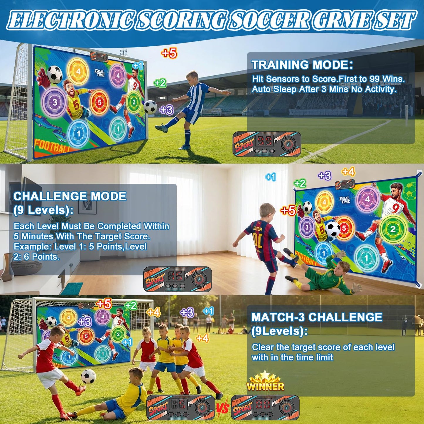 WUPIOS Electronic Scoring Soccer Toy Game Mat Set for Kids, Indoor Outdoor Toss Soccer Target Game with Real-Time Score, 2 Soft Soccer & Goal, Birthday Gifts for 3-5/6-8/8-12 Years Old Boys Girls