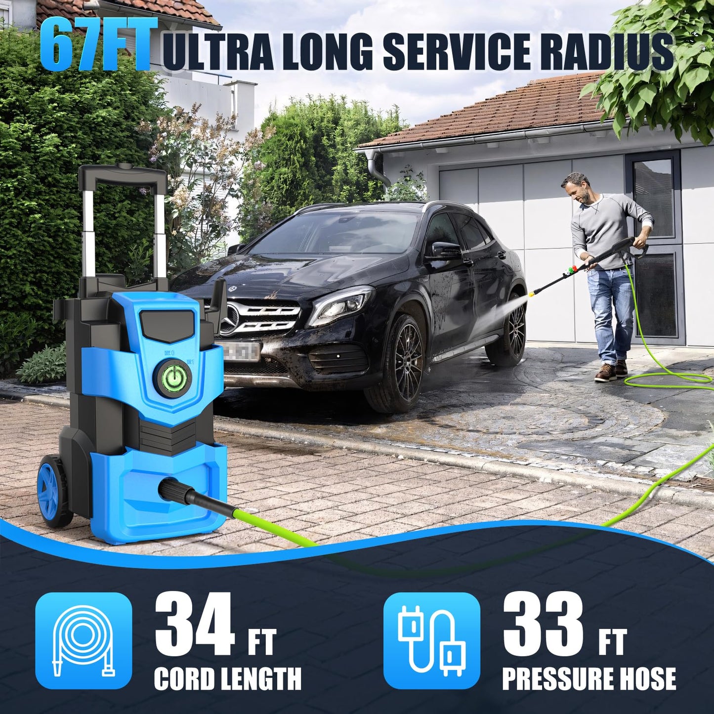 Commowner Pressure Washer 5000 PSI Adjustable Pressure, Power Cleaners Powered with 33ft Pressure Hose, 4 Nozzles and 500ml Foam Cannon, Cleaner Machine for Home, Light Blue