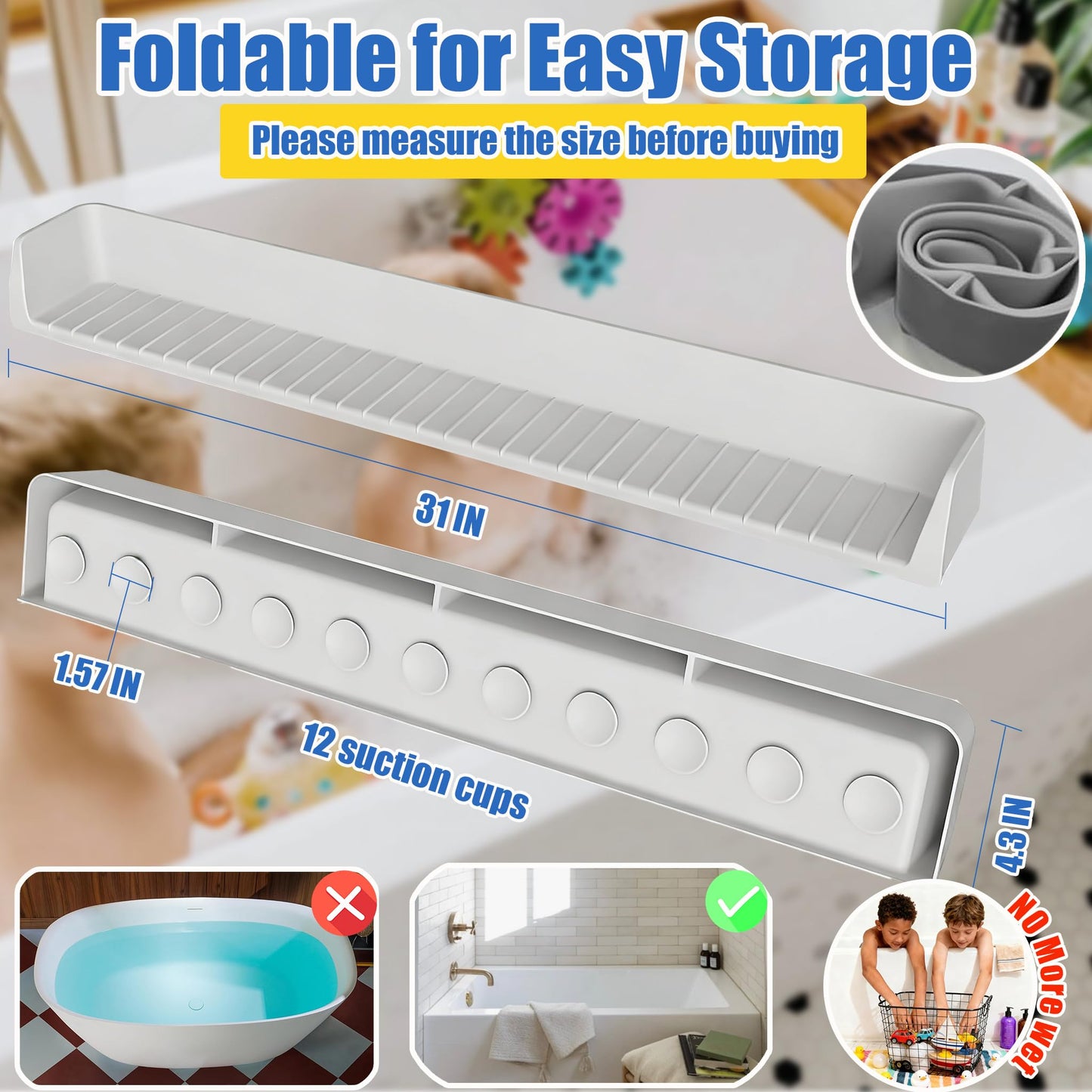 2Pack Bathtub Splash Guard for Kids Adult - 31IN Silicone Bath Tray Shelf for Tub with 11 Suction Cups, Bath Tub Play Shelf for Kids & Toy Holder, Bathtub Accessories Prevent Water Spill in Bathroom
