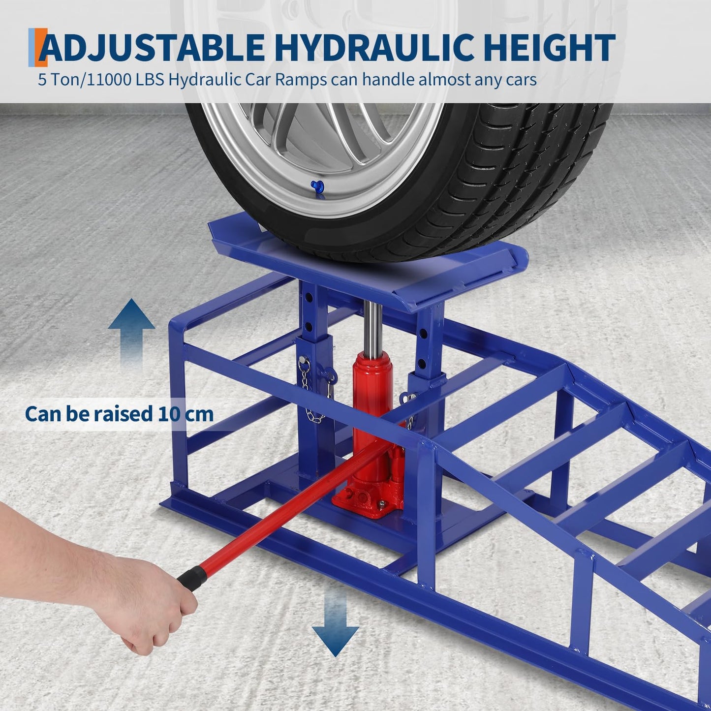 Hydraulic Car Ramps 2 Pack, 11000 LBS/5T Heavy Duty Steel Auto Service Ramps, 9.4"-13.34" High Lift for Truck, Vehicle, SUV, Garage, Oil Changes, Repair & Maintenance