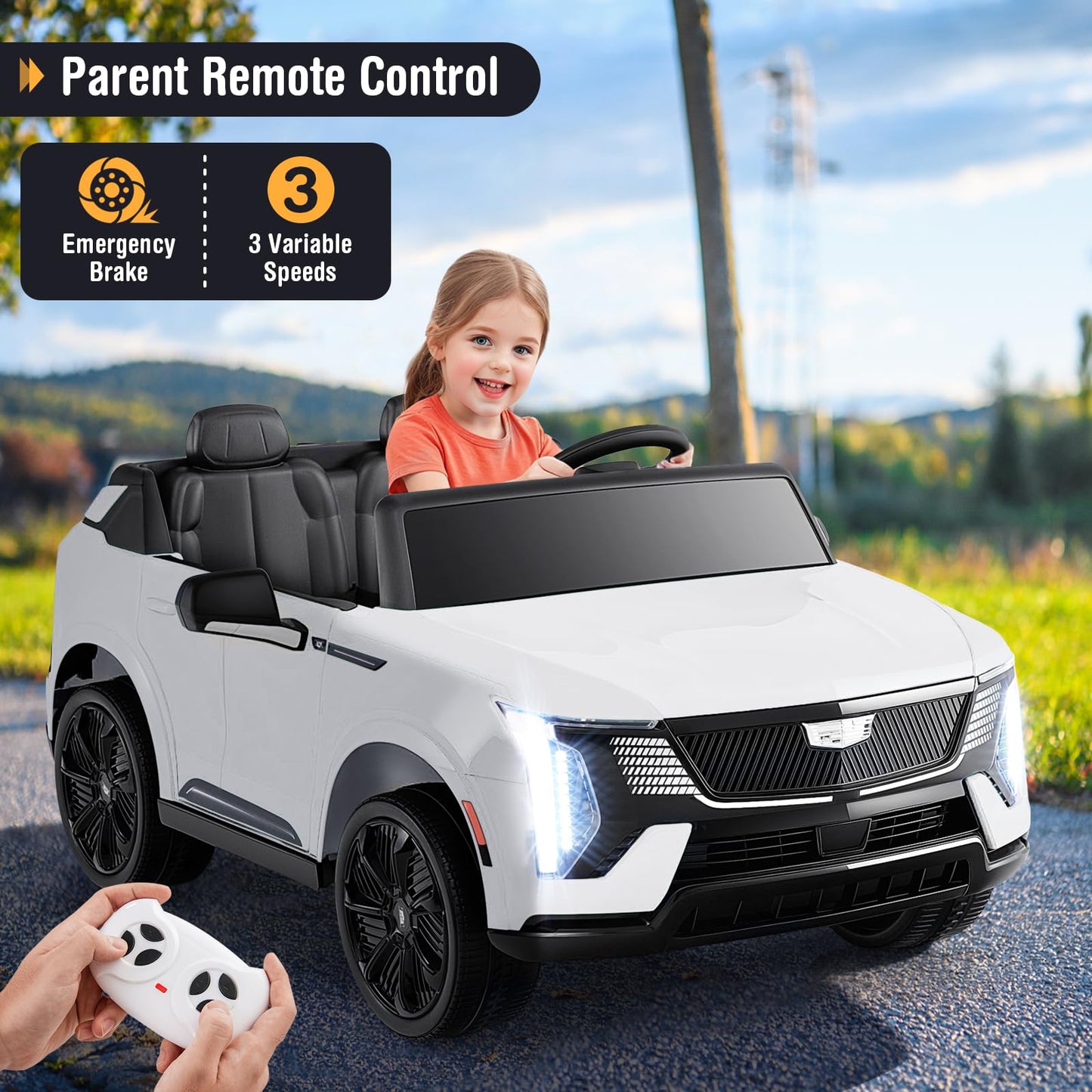 Costzon 2 Seater Ride on Truck, 24V Licensed Cadillac Kids Car Electric Vehicles w/Remote Control, 3 Speeds, LED Lights, Horn, Music, Story & 4-Wheel Spring Suspension, Ride on Car Toy for 3+ (White)