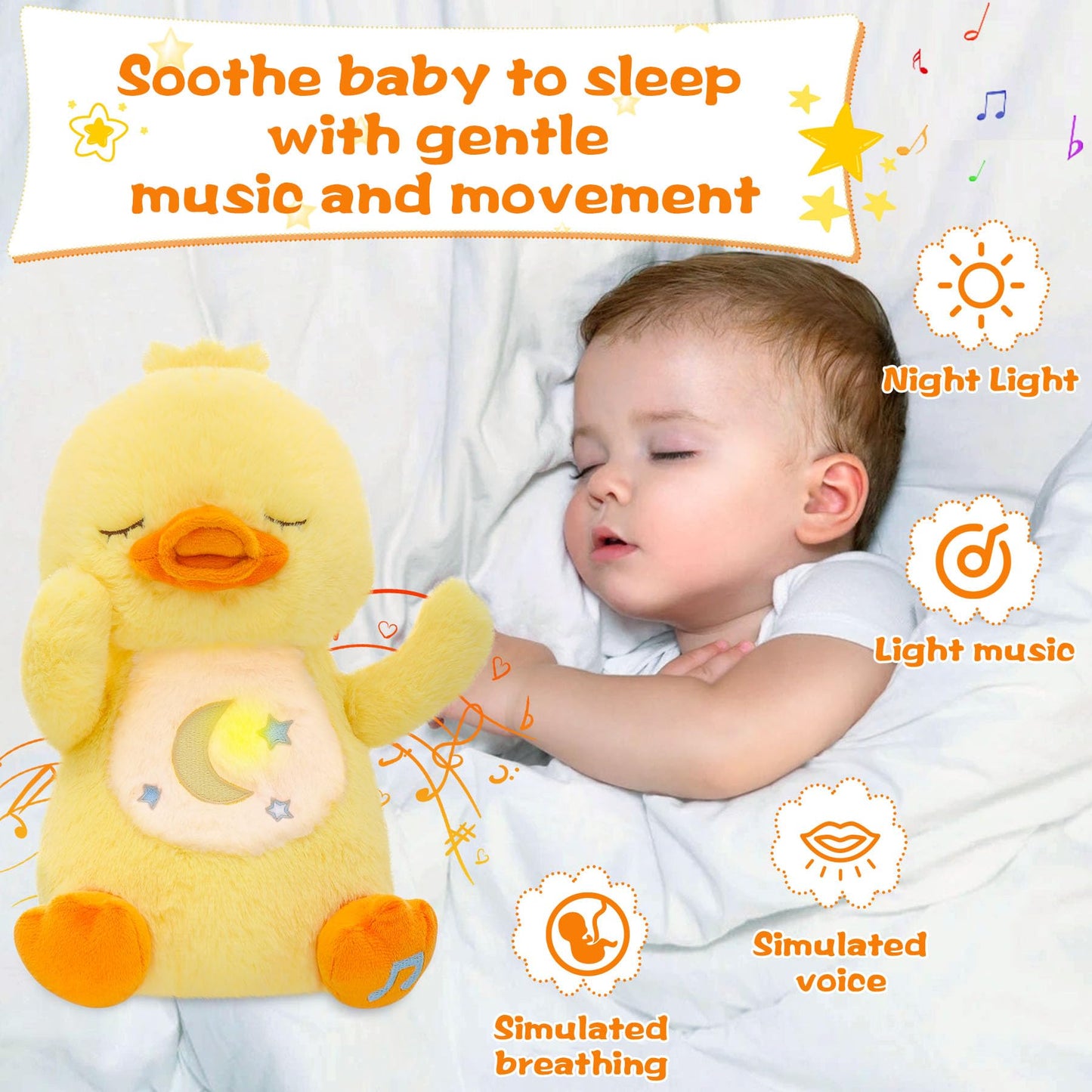 MIAODAM Soothing Cuddle Plush Toy, Breathing Stuffed Animal Duck Plush with Realistic Breathing Action and Relaxing Music, for Babies and Toddlers, Hugging Plush for Emotional Comfort