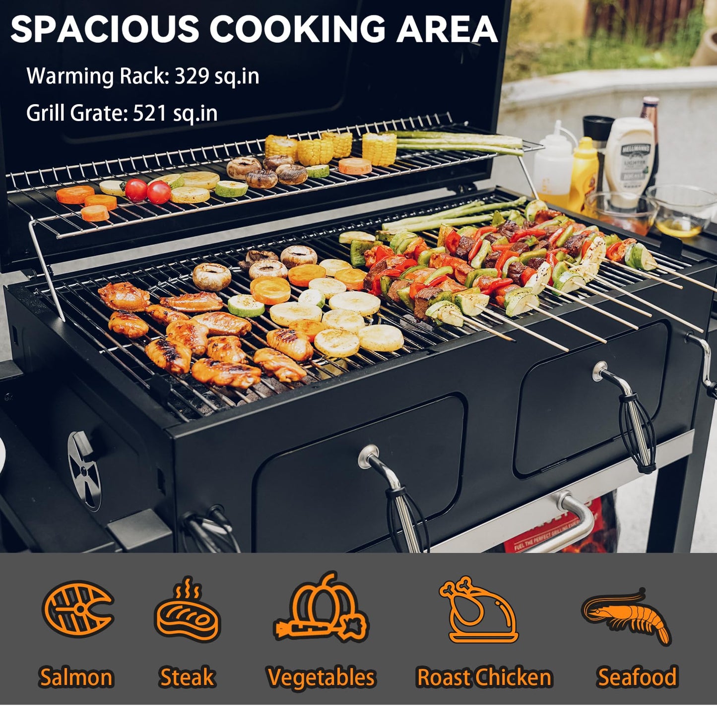 ONLYFIRE GRILLS Extra Large BBQ Charcoal Grill with Cover, 794 SQ.IN Cooking Area, Heavy Duty Outdoor Barbecue Grill with 2 Individual Lifting Charcoal Tray and 2 Side Tables, Sturdy Wheels, GS339