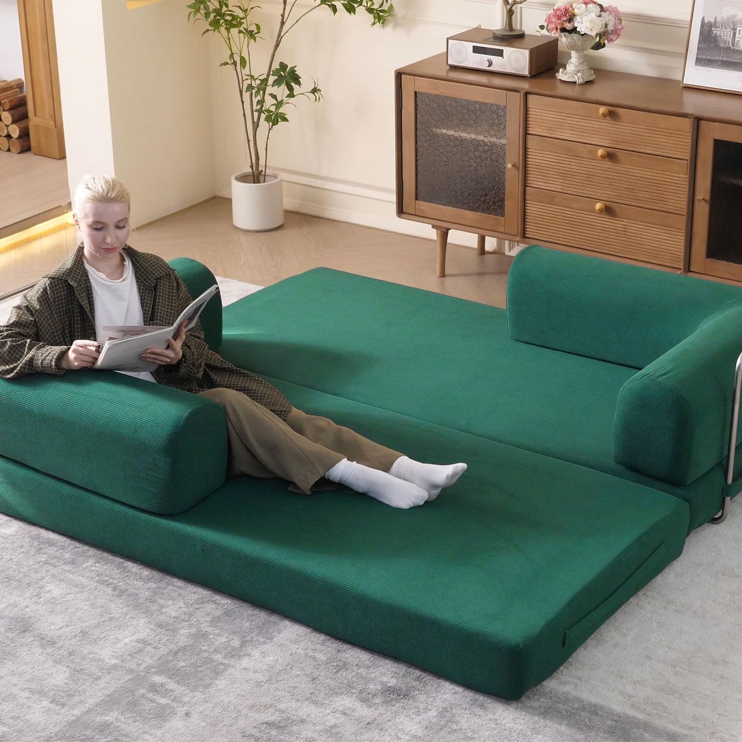 WHGBJA 79" Convertible Sleeper Sofa Bed with Cylindrical Pillow, Corduroy Folding Mattress Couch with Fixed-Shape Frame, Floor Sofa Lounge Couch for Living Room Bedroom Lounge Studio (Green)