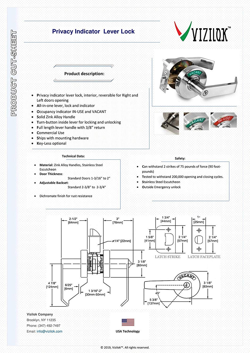 VIZILOK Commercial Door Lock for Bathroom Privacy, Safety, Standard Vacant Occupied Indicator in Satin Chrome, ANSi Grade2, Perfect for Restaurants, Medical Offices, Airbnb, Dorms, Gyms, Fitting Room