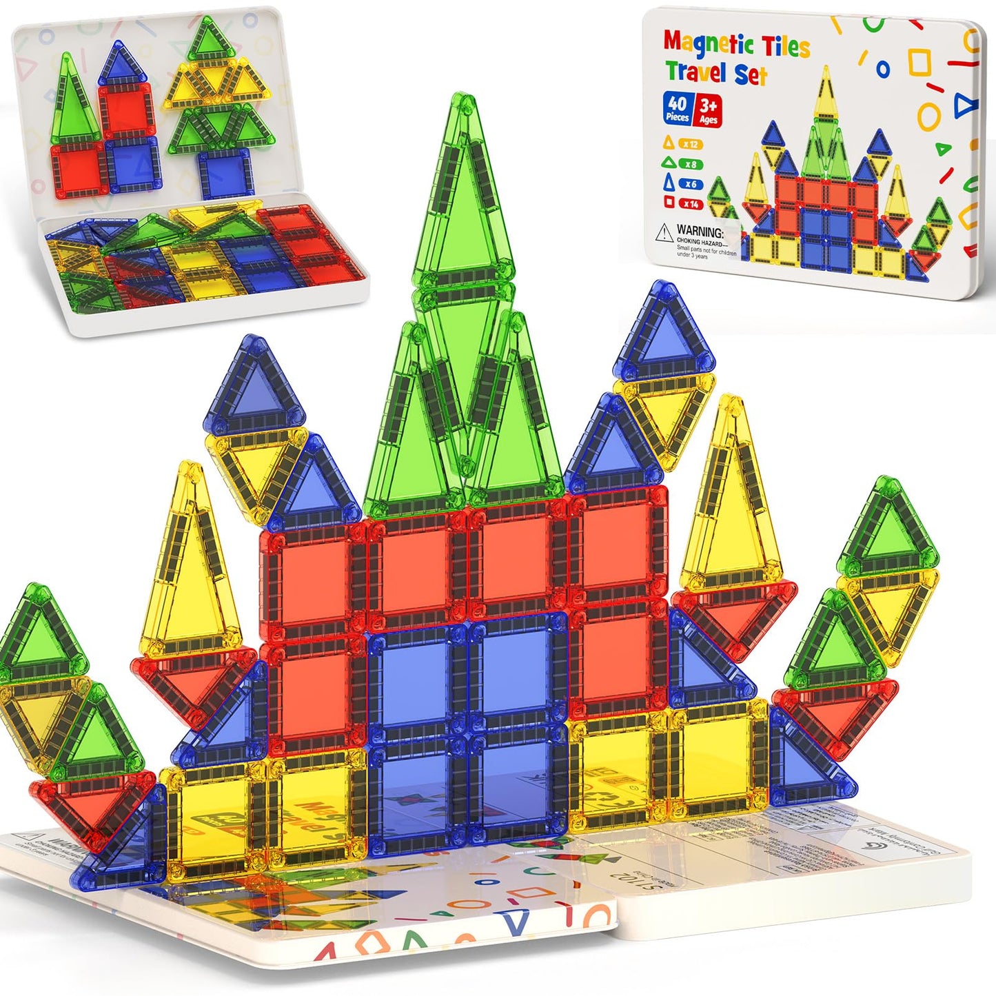 Mini Magnetic Tiles for Kids Travel - 40pcs STEM Building Blocks with Visual Storage Guide & Metal Box Play Base, Toddler Airplane Activities Toys for Ages 3-5,4-8, Compact Travel Toys