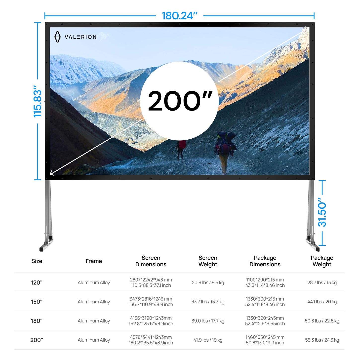 Valerion 200" Outdoor Projector Screen with Stand – 3-Min Setup, Wheeled Carry Bag, 4K/8K UHD Support, Freestanding, Portable Alloy Frame, 16:9 HD, Lightweight for Camping, Backyard, Home Theater