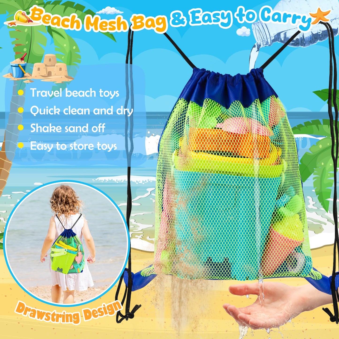 REZUCREY Beach Toys for Kids Toddlers, Sand Castle Toys with 4 Sand Bucket and Shovels, Mesh Bag & Molds, Ice Cream Travel Sandbox for Beach Sandbox for Toddlers Kids Baby Boys Girls Age 3-10