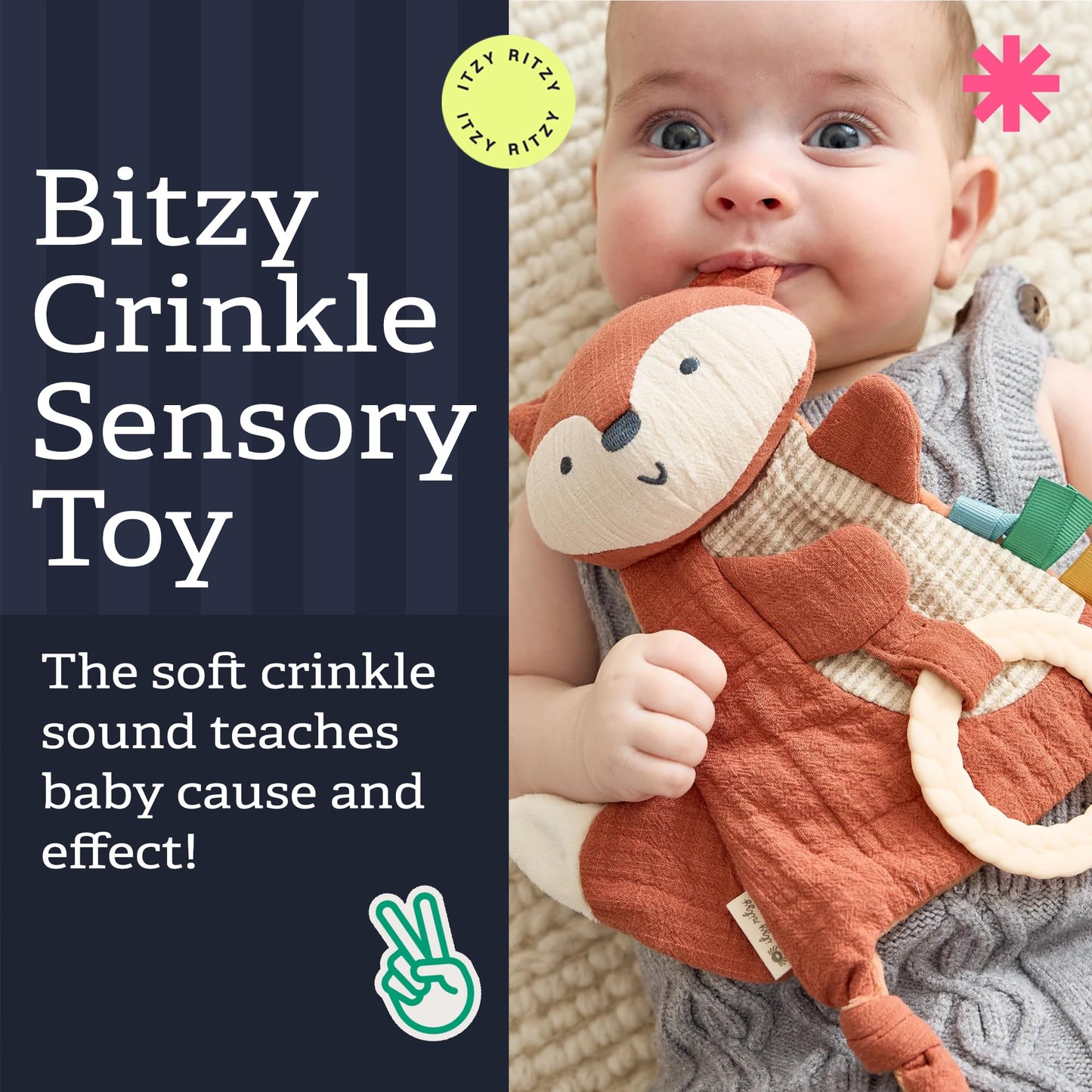 Itzy Ritzy - Bitzy Crinkle Sensory Toy for Babies & Toddlers — Features Crinkle Sound, Soft Braided Teething Toy Ring & Textured Ribbons — Gender Neutral Baby Item for Ages 0 Months & Up, Fox