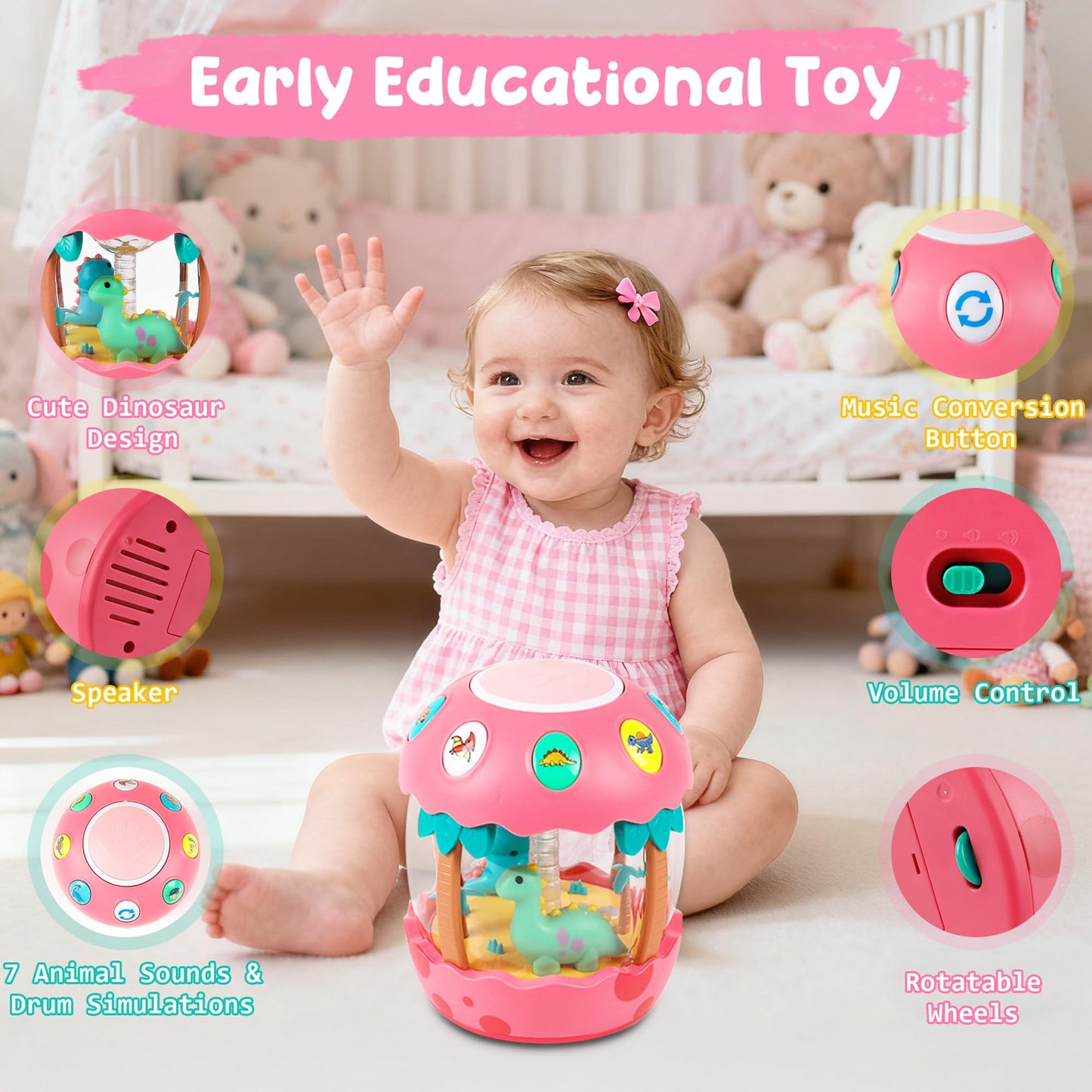 M SANMERSEN Baby Girl Toys 6-12 Months, Dinosaur Rotating Light Up Musical Baby Toys for 0-6 12-18 Months Newborn Infant Crawling Tummy Time Toys, Birthday Easter Gifts for Baby Girls- Pink