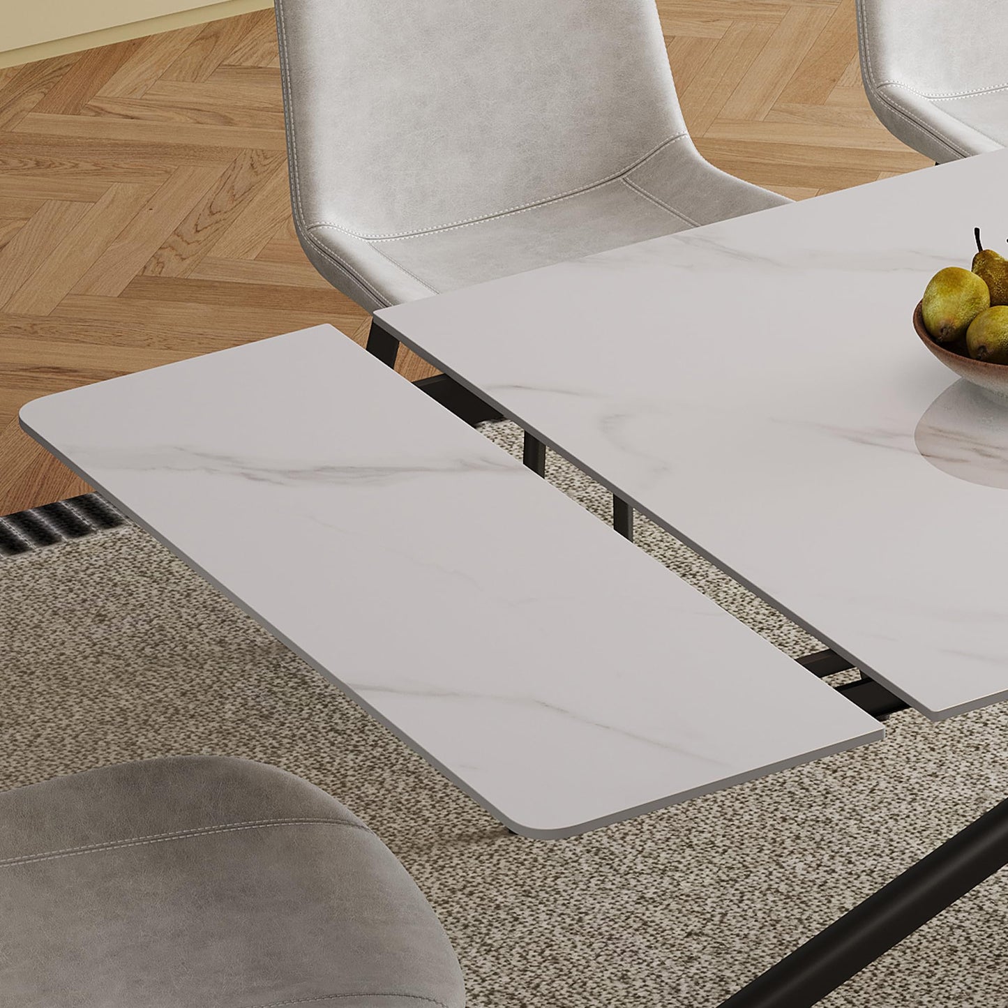 Runboll Extendable Rectangular Dining Table Set for 8, 47"-71" Modern Sintered Stone Kitchen Table with 8 Chairs and Carbon Steel Legs for Dining Room Family Gathering