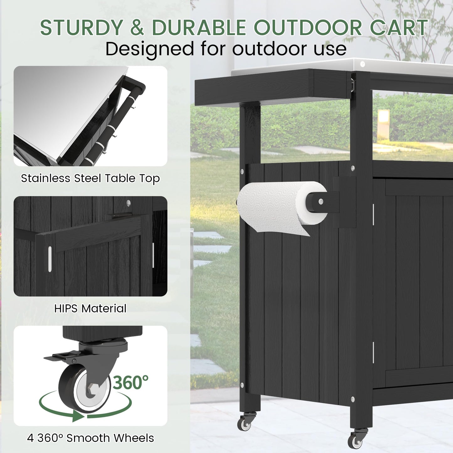 Sunnibety Weatherproof HIPS Outdoor Kitchen Island with Stainless Steel Top & Storage Cabinet, Movable Prep Table with Wheels for BBQ Food Prep, Outdoor Grill Cart for Parties, Black