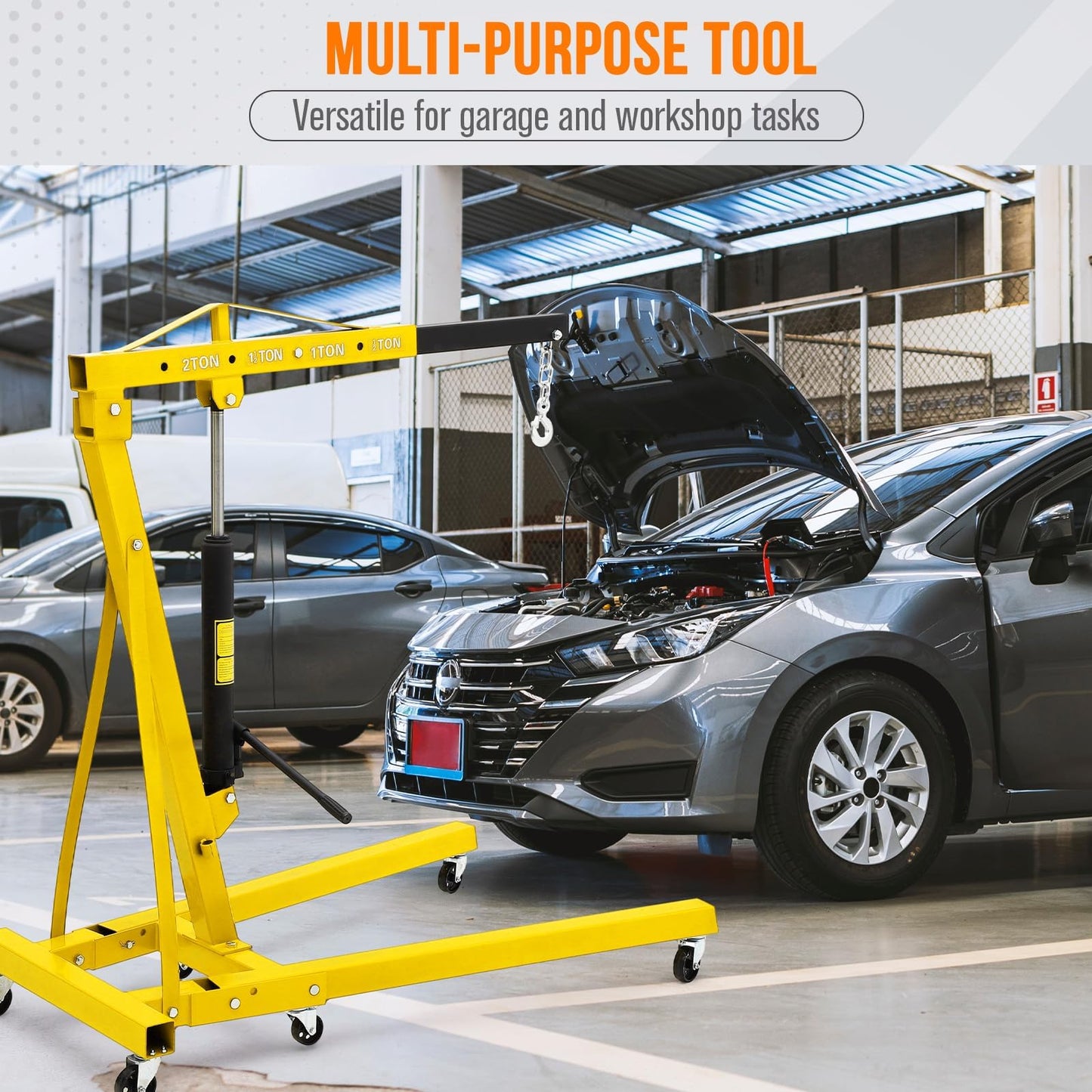 2-Ton Folding Engine Hoist, 4400 Lbs Capacity Hydraulic Shop Crane with 6 Casters, Portable Foldable Cherry Picker for Garage, Workshop, Warehouse, Heavy-Duty, Yellow