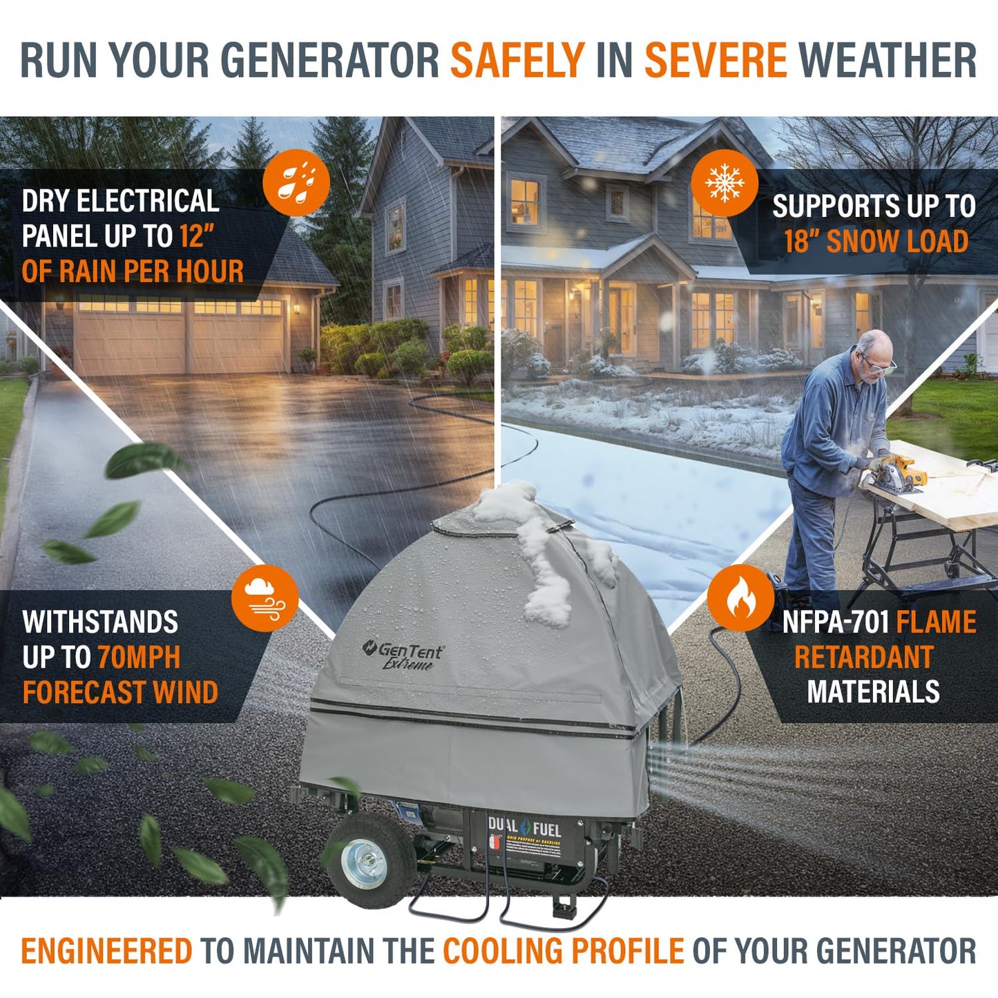 GenTent Open Frame Generator Tent with Universal Clamp System - Waterproof and NFPA Flame Retardant Running Cover - for Operating Open Frame Generators in Wet Weather (Slate, Original - Extreme)