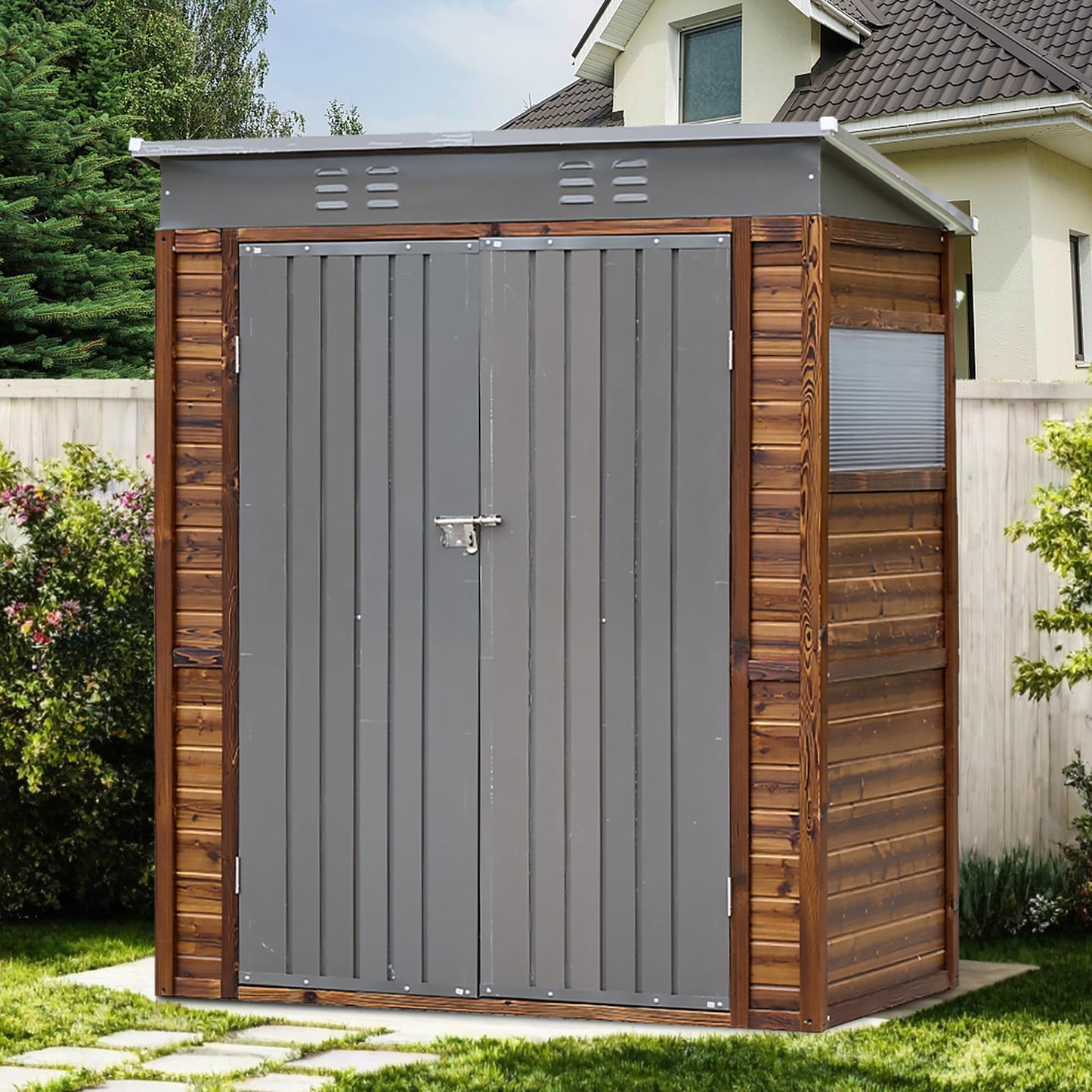EUHOME 3x5FT Wood Outdoor Storage Shed with Lockable Double Doors & Ventilation Windows for Garden, Lawn, Patio