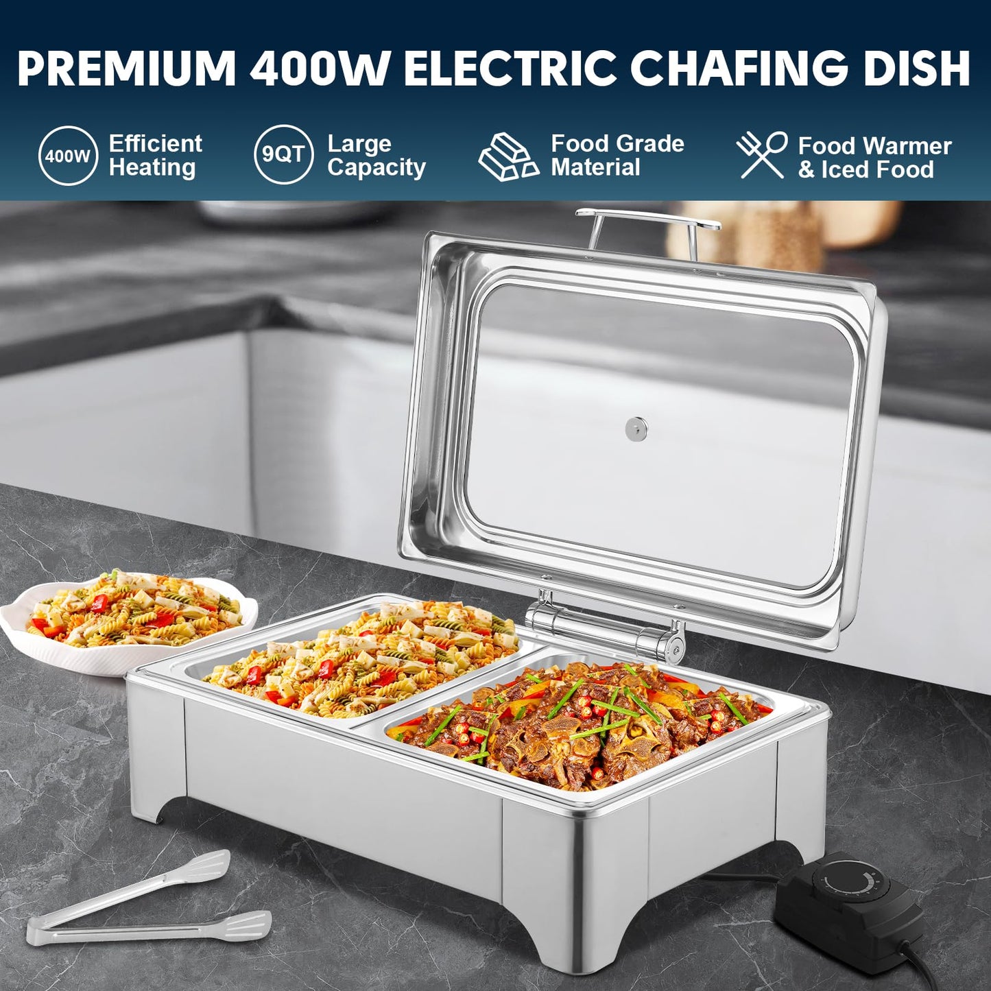 THXSUN Electric Chafing Dish Set, Dual 4.5QT Electric Buffet Server, Half Size Roll Top Stainless Steel Food Warmers with Temperature Control for Catering & Events