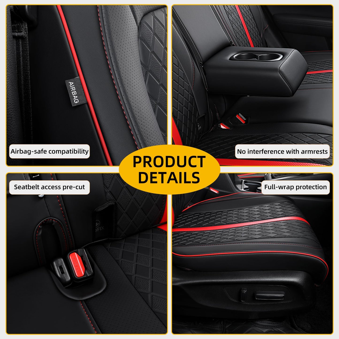 OURPLOT Custom Fit CRV Seat Covers for 2023-2026 Honda CR-V Hybrid & Gas, Waterproof Faux Leather Full Set Car Seat Cover, Fits LX, EX, EX-L, Sport, Touring, TrailSport (Black+Red)