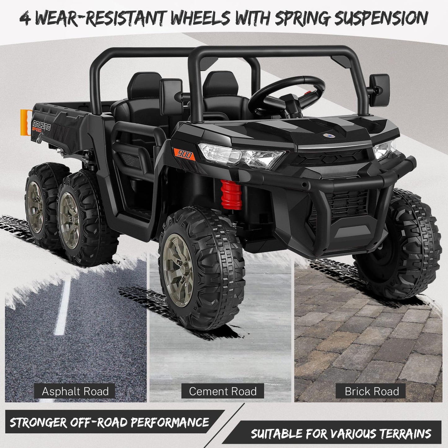 Hikole 2 Seater Ride on Car with Remote, 24V Kids Electric Cars w/Dump Bed, 6 Suspension, 4WD, 3 Speeds, Music, Storage Trunk-6x6 Ride On UTV Truck for Big Kids Boys Girls Age 3-8, Black
