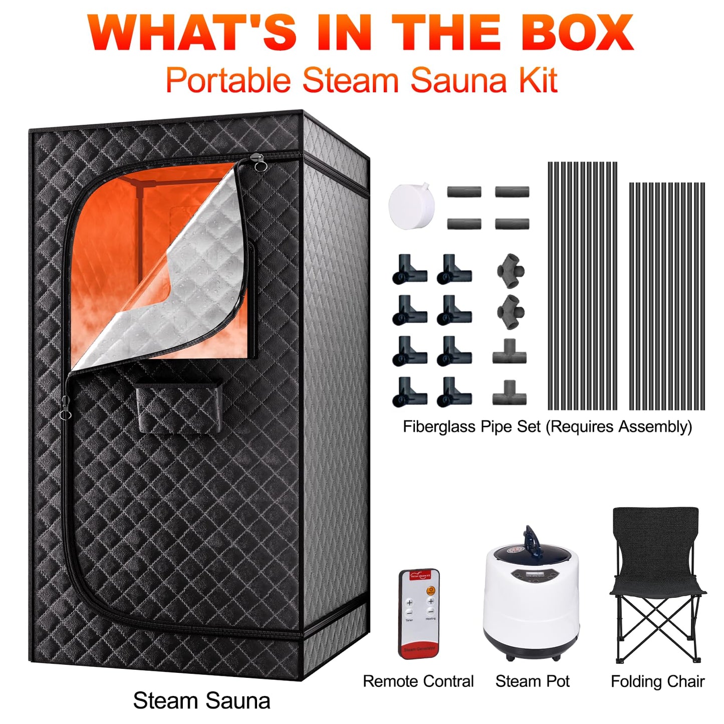 yamxun Portable Steam Sauna Box for Home: Full Size Sauna Tent for Personal Spa - Fast Heating Sauna Box with 3L Steamer, Folding Chair, Remote Control, 32" x 32" x 71"