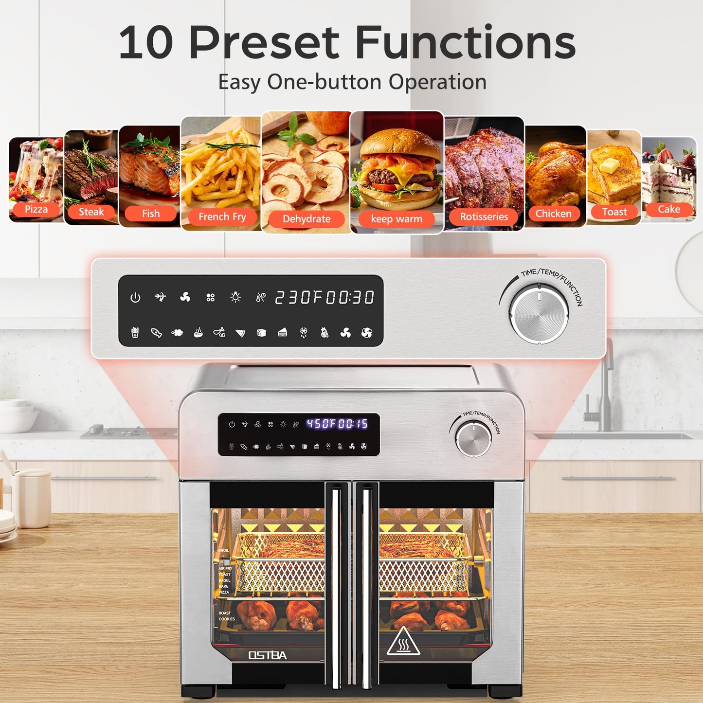 OSTBA French Door Air Fryer Toaster Oven Combo, 24 QT Extra Large Capacity 10-in-1 Airfryer Oven, 30% Faster 90% Less Oil, 102 Recipes & 7 Accessories, Stainless Steel