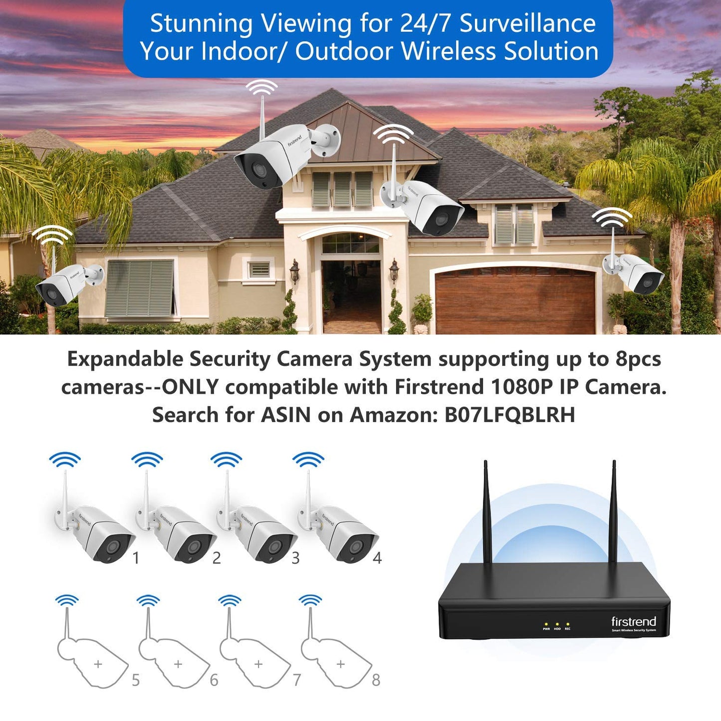 1080P Wireless Security Camera System, Firstrend 8CH Wireless NVR System with 8 pcs 1080P HD Security Camera and 3TB Hard Drive Pre-Installed, CCTV P2P for Indoor Outdoor for Home