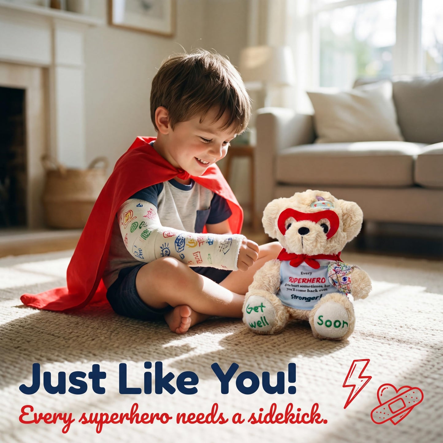 SHSEEN Broken Arm Gifts for Kids, Superhero Get Well Soon Bear with Switchable Cast (Fits Left or Right Arm), 8 Inch Stuffed Animal for Surgery Recovery, Broken Wrist, Tonsillectomy, Brave Boys & Girl
