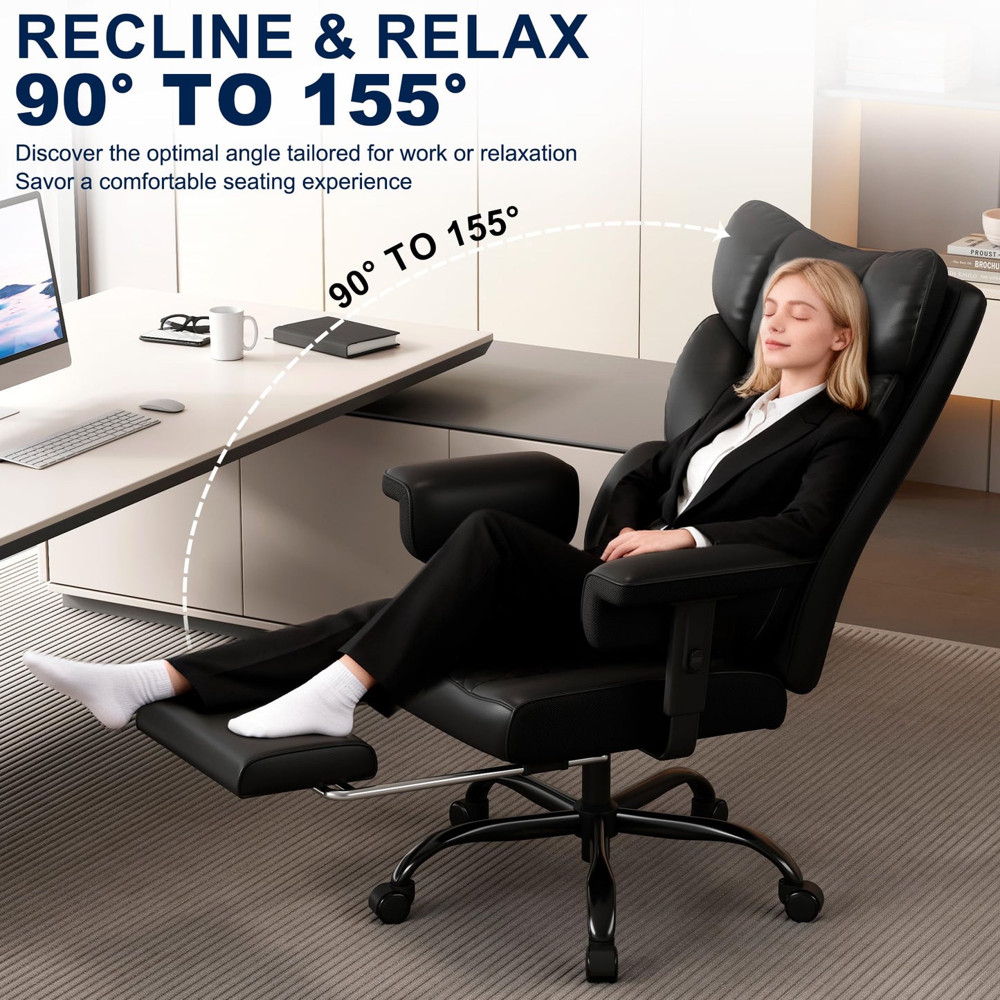Misolant Big and Tall Office Chair with Footrest, High Back Executive Desk Chair with Adjustable Lift Armrest, 155°Recline，Lumbar Support Pillow, Faux Leather Gaming Chairs for Home or Office Black