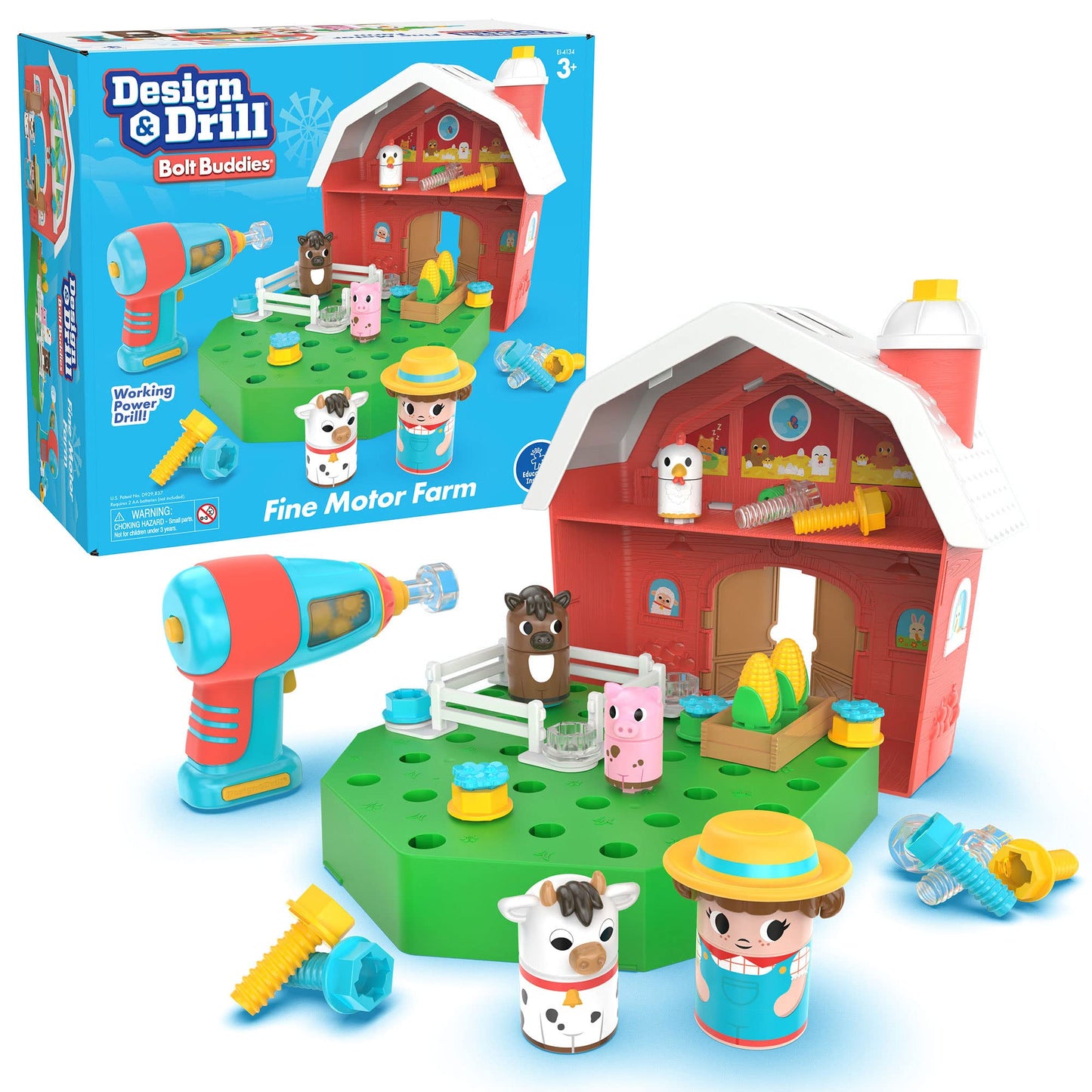 Educational Insights Design & Drill Bolt Buddies Barn - Construction Toys & Tools for Kids, Take Apart STEM Set with Real Electric Toy Drill, Pretend Play Building Kit, Gifts for Toddlers Ages 3+