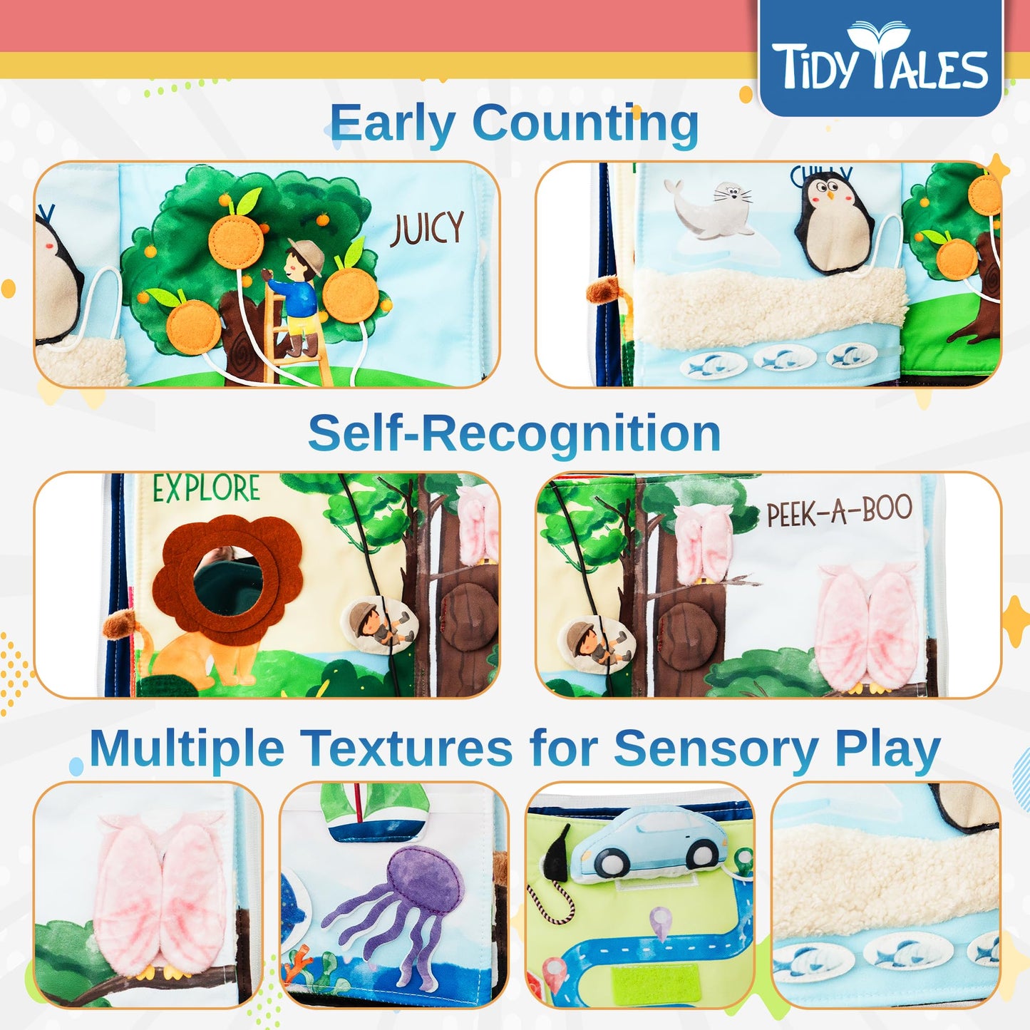 Tidy Tales Busy Book for Toddlers 1-3 - No Loose Pieces - Montessori Toys for 1, 2, 3 Year Olds - Mess-Free Airplane Quiet Board Travel Toy - Educational Busy Board & Soft Toddler Activity Book