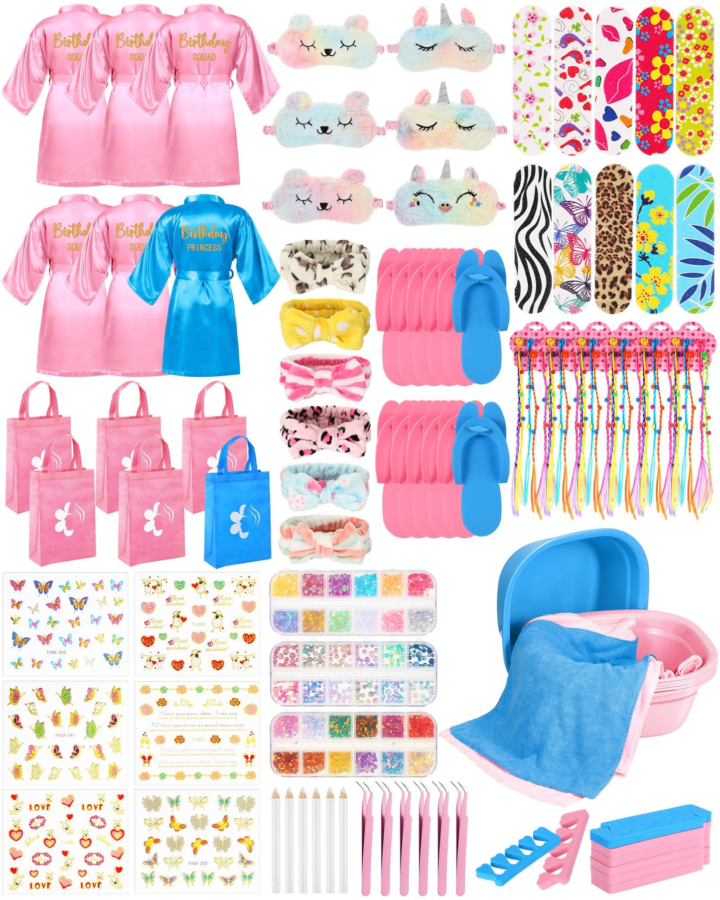 Suhine 6 Set Spa Party Supplies for Girls Kids 6 Satin Robes Spa Kit Sleepover Birthday Slumber Party Favors Nail Salon Pack(Peacock Blue, Pink)
