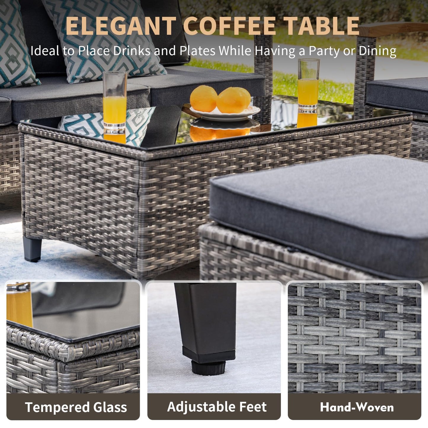 MEISSALIVVE 7 Pieces Patio Furniture Sets,PE Wicker Outdoor Conversation Sets with 2 Wood Armrests Swivel Rocker Chairs, 2 Ottoman, 3-seat Sofa and Coffee Table(Grey)
